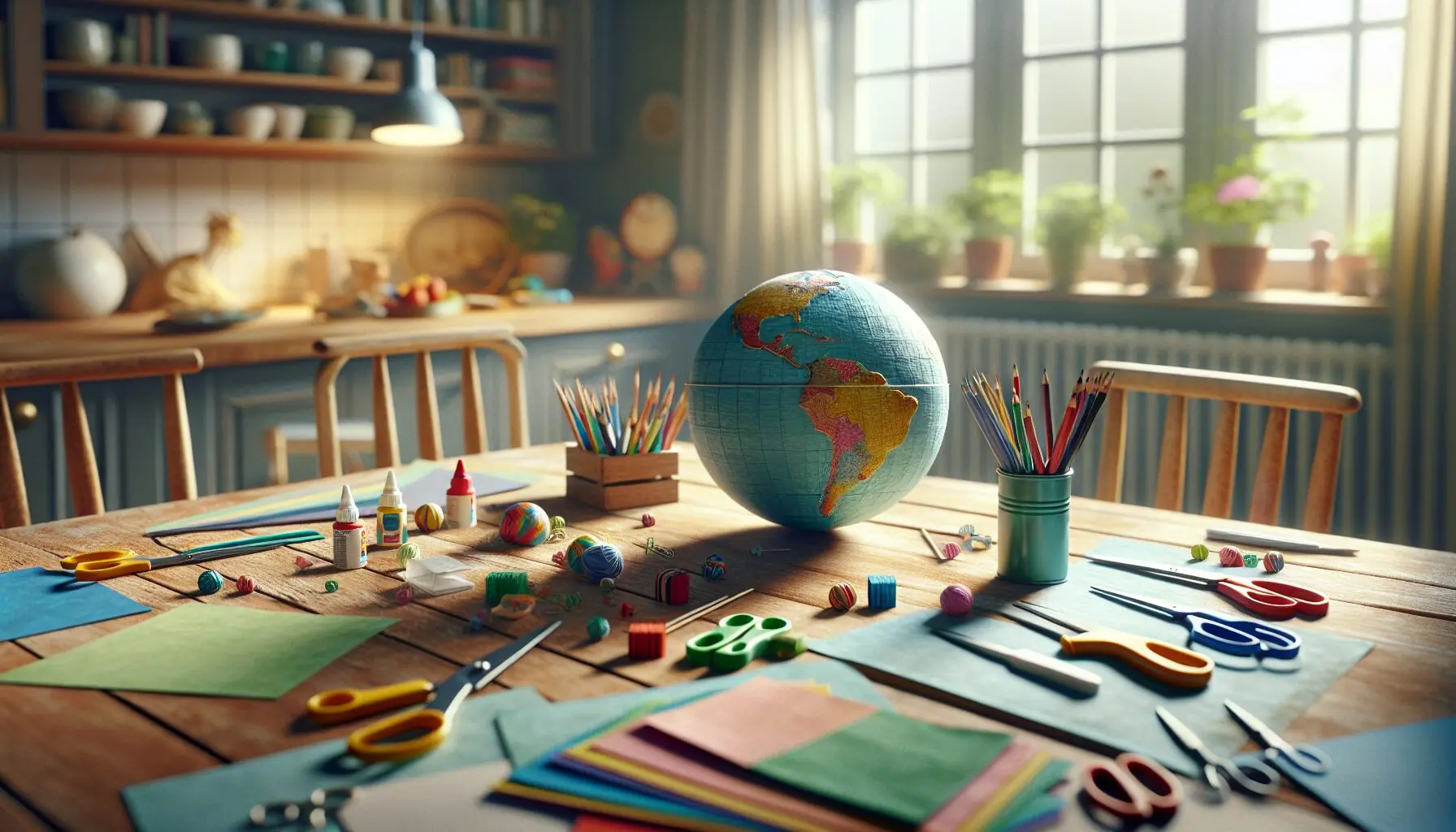 Generate an image of a child holding a small paper globe, surrounded by craft materials and cultural symbols.