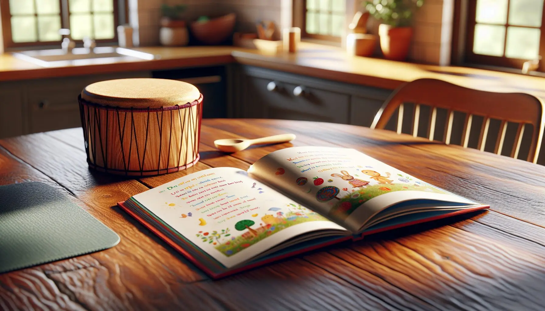 Generate an image of a colorful children's book with rhyming text and illustrations on a wooden table next to a small drum.