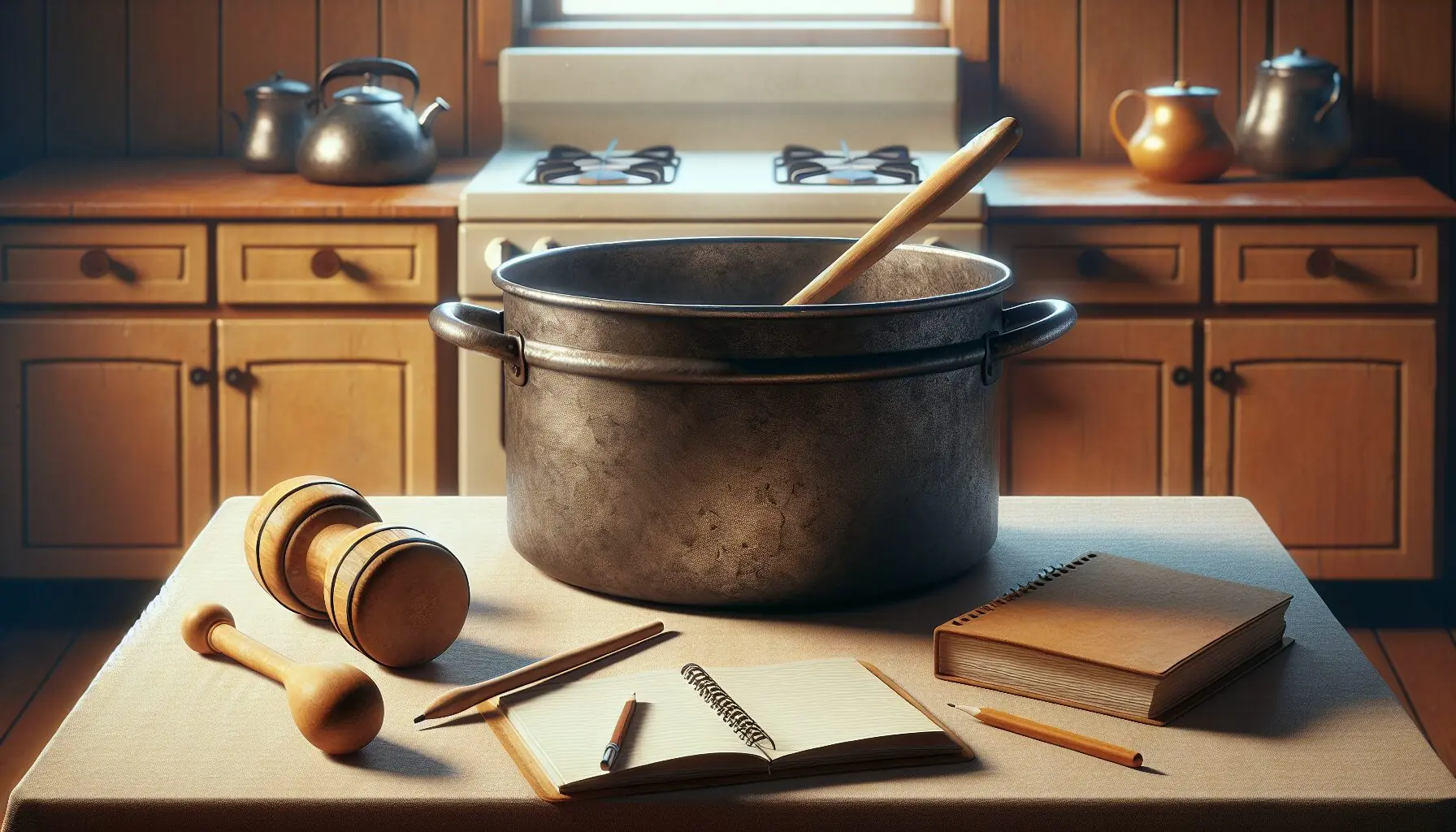 Generate an image of a playful scene with a whimsical soundtrack, illustrating imagination and creativity with a simple kitchen tool doubling as a musical instrument.