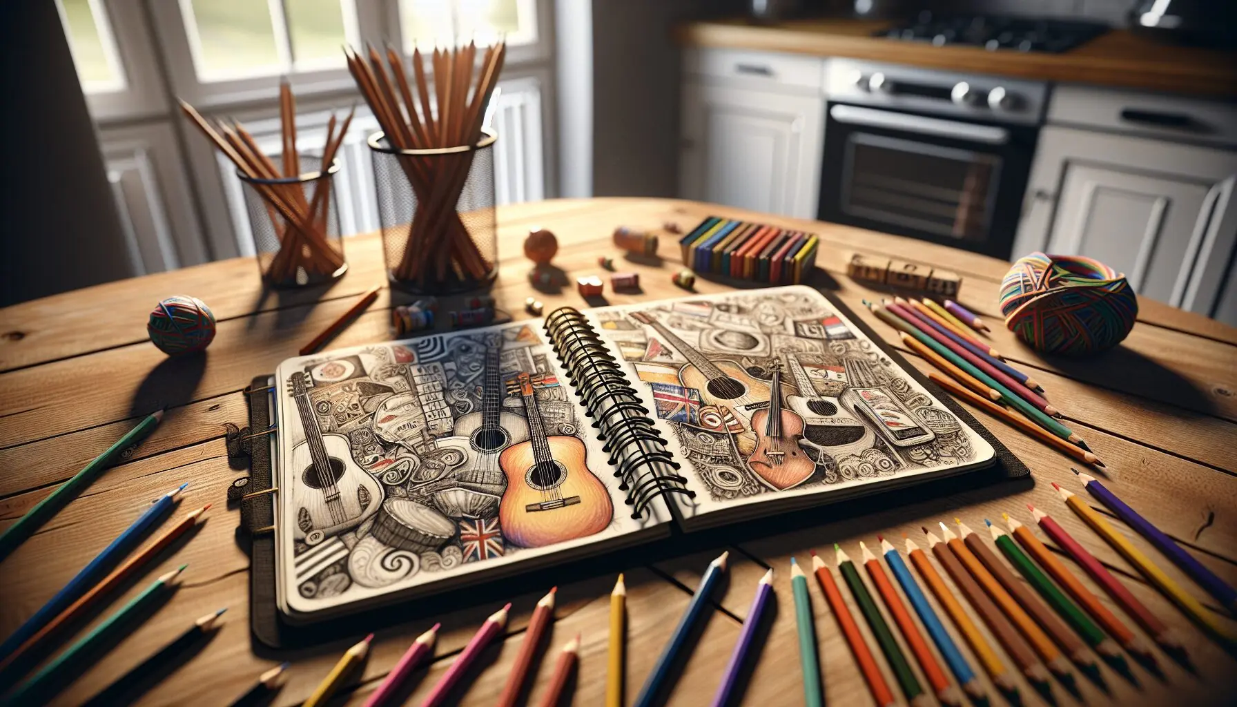 Generate an image of a notebook with doodles of musical instruments and world flags, symbolizing learning and cultural exploration.