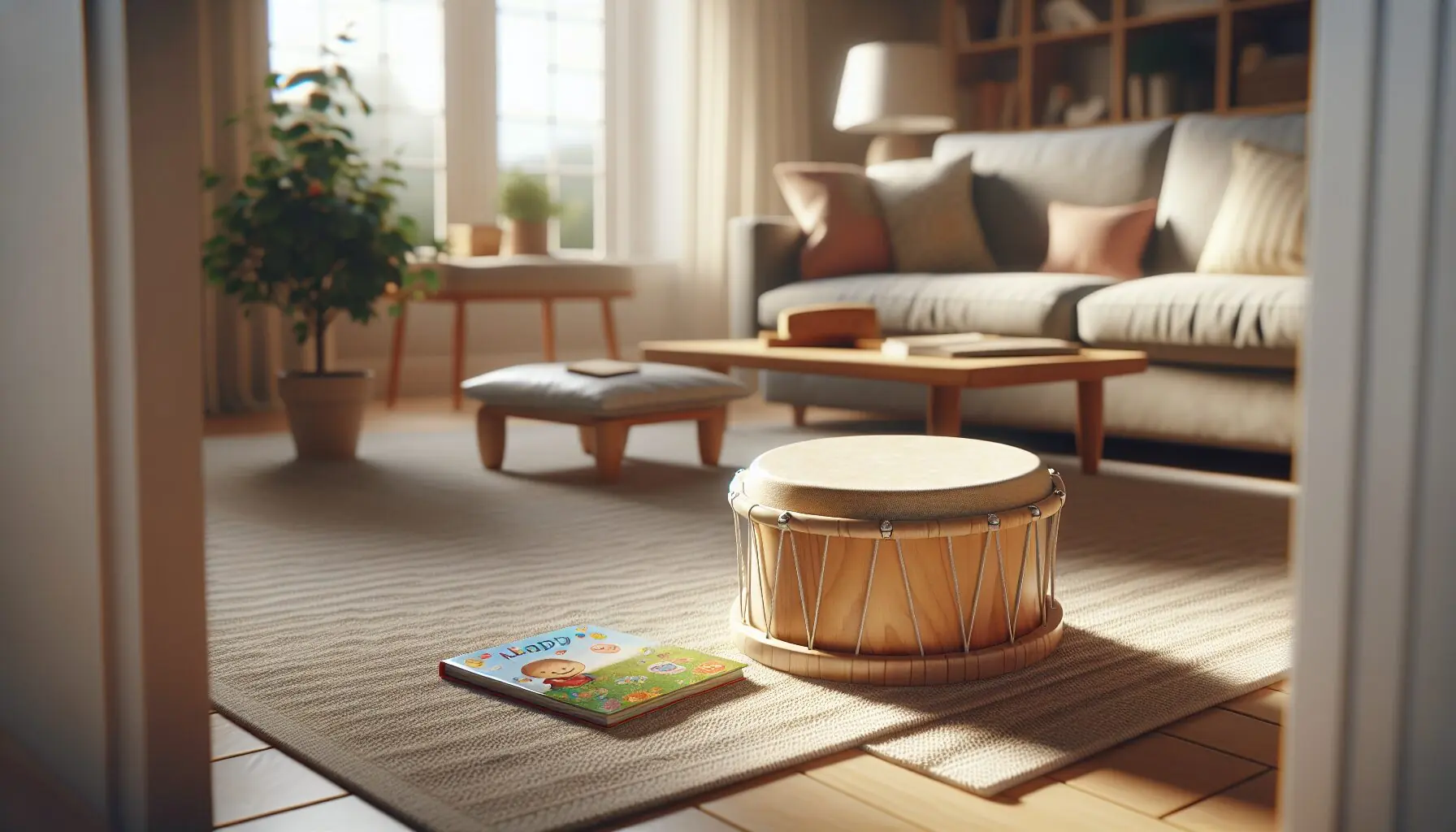 Generate an image of a child and parent sharing a joyful moment with a simple drum and book, emphasizing the cozy setting.