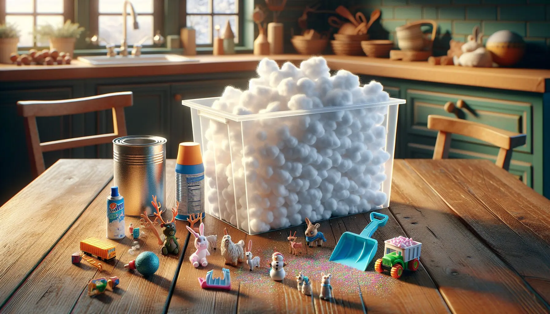 Generate an image of an assortment of materials for a snowy sensory bin: cotton balls, shaving cream, toys.