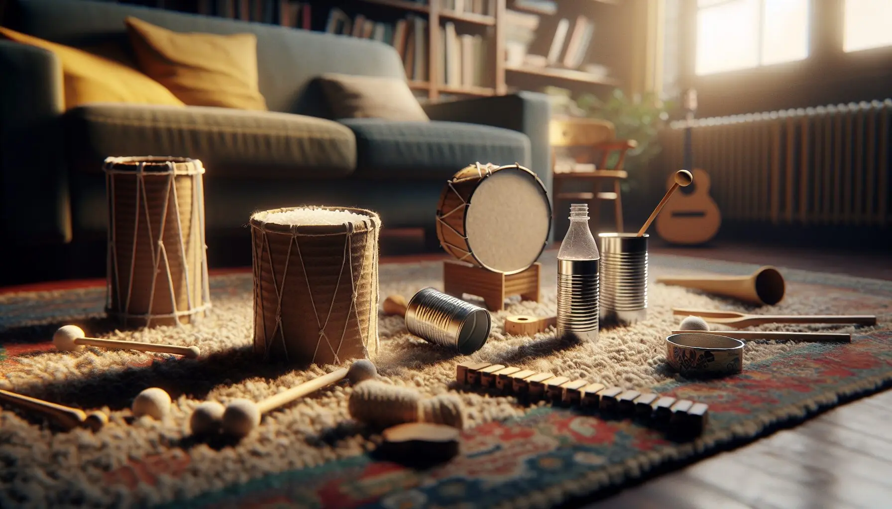 Generate an image of vibrant drawings showing kids playing homemade instruments.