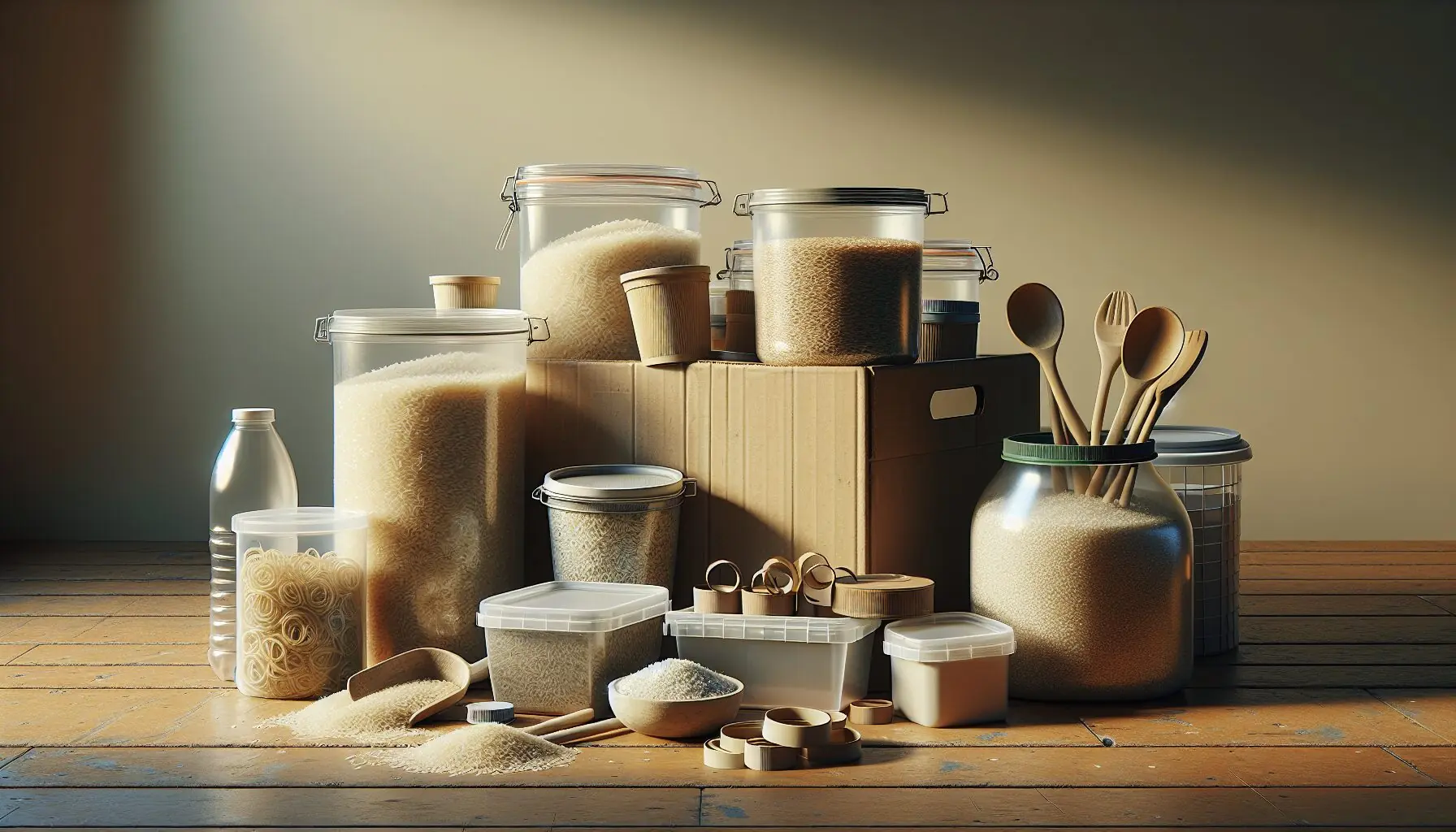 Generate an image of various recycled containers, rice, wooden spoons, and rubber bands on a table.