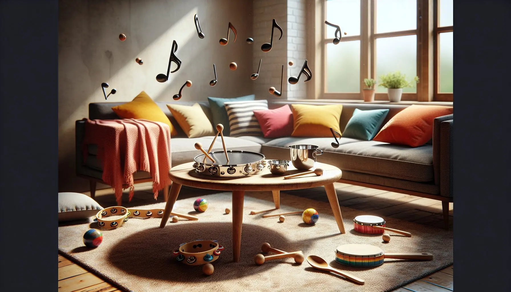 Generate an image of a cozy living room with musical notes floating around.