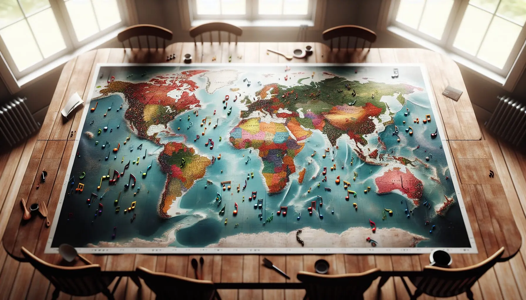 Generate an image of musical notes floating over a world map highlighting various continents.
