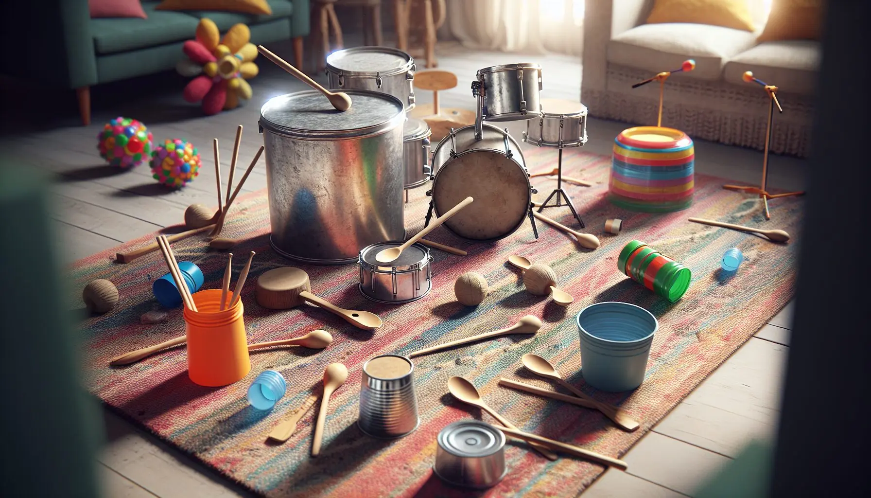 Generate an image of a family sharing and playing music together surrounded by colorful decorations.