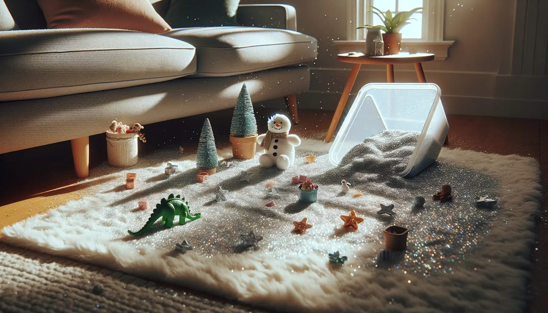 Generate an image of the aftermath of a sensory bin play session, with glitter and toys spread out joyfully.