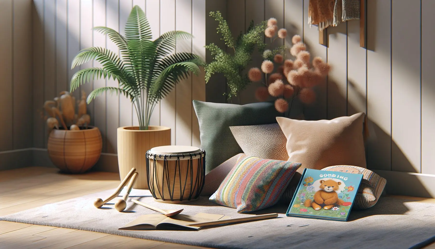 Generate an image of a cozy reading nook with a small drum, a children's book, and soft cushions.