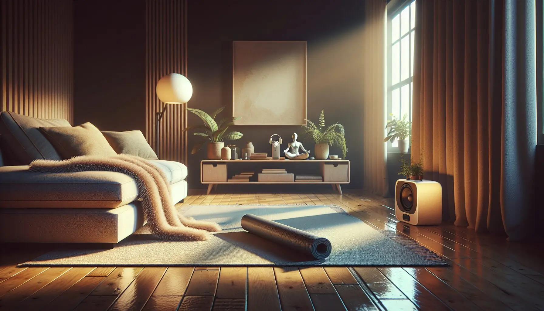 Generate an image of a cozy living room with a yoga mat and a small speaker playing music.