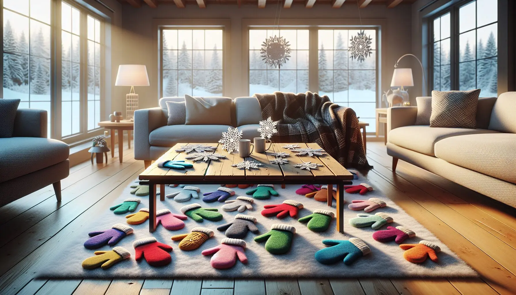 Generate an image of a cozy room with frosted windows, showcasing playful, cartoon-style mittens and snowflakes as decorative elements.