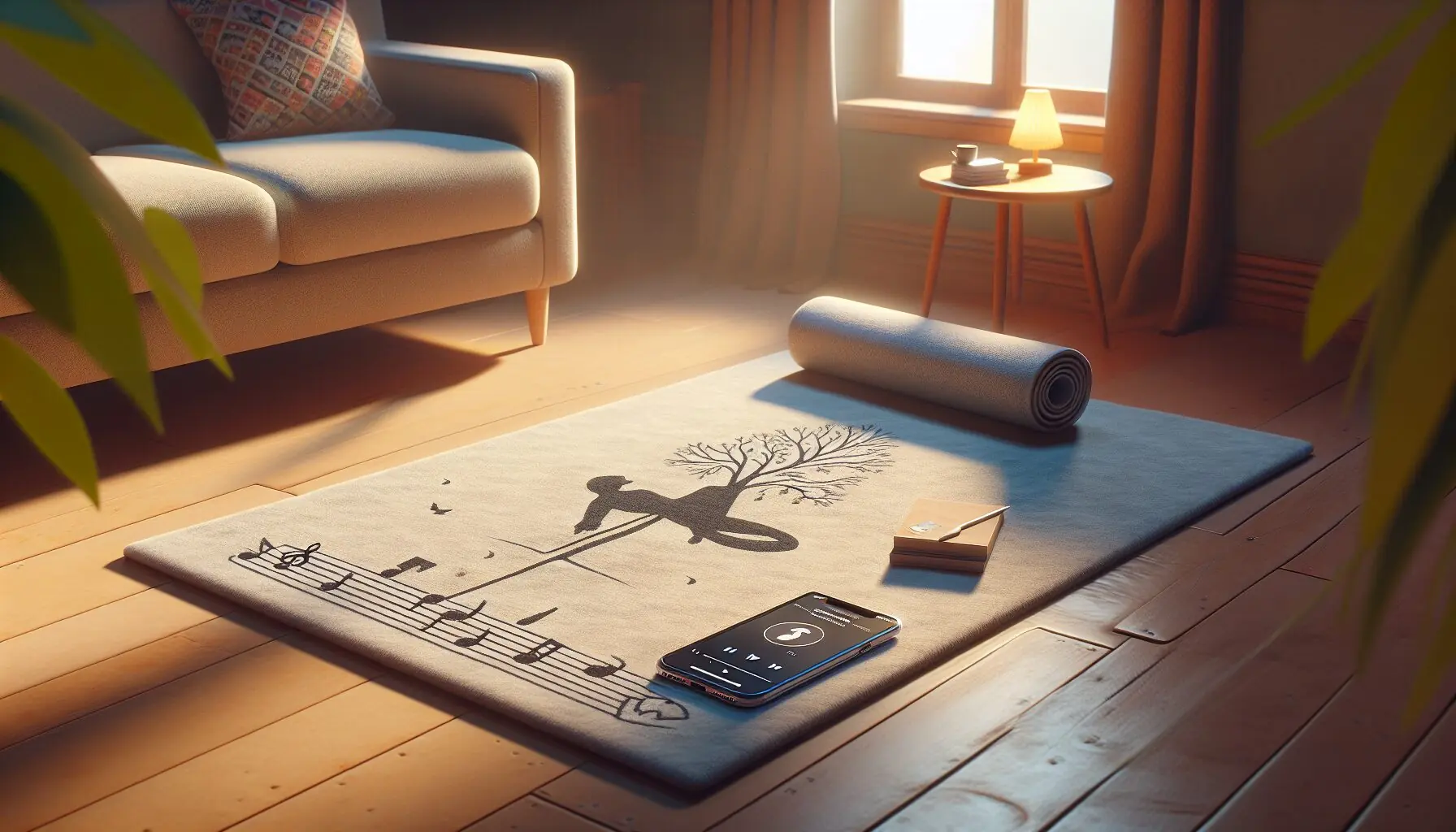 Generate an image of a yoga mat with simple illustrations of 'Tree Pose' and musical notes around it.