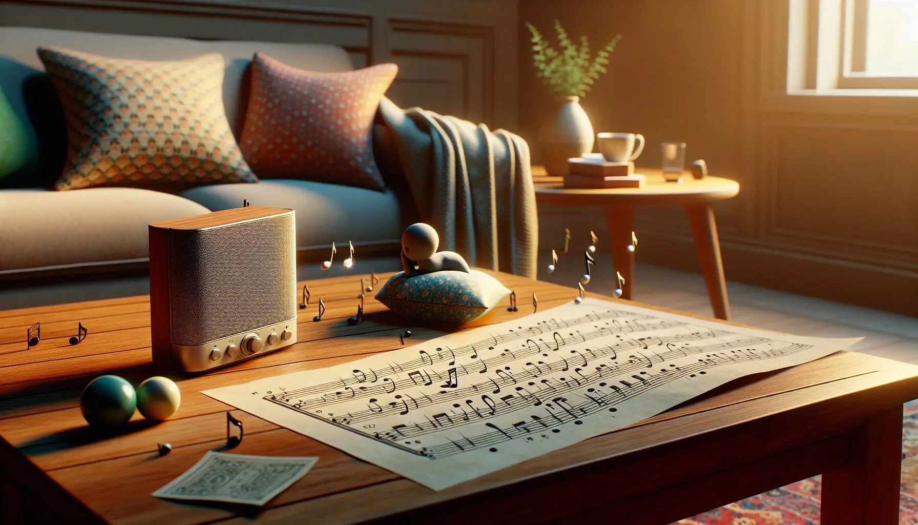 Generate an abstract image symbolizing balance and harmony, with musical notes and gentle hand movements.