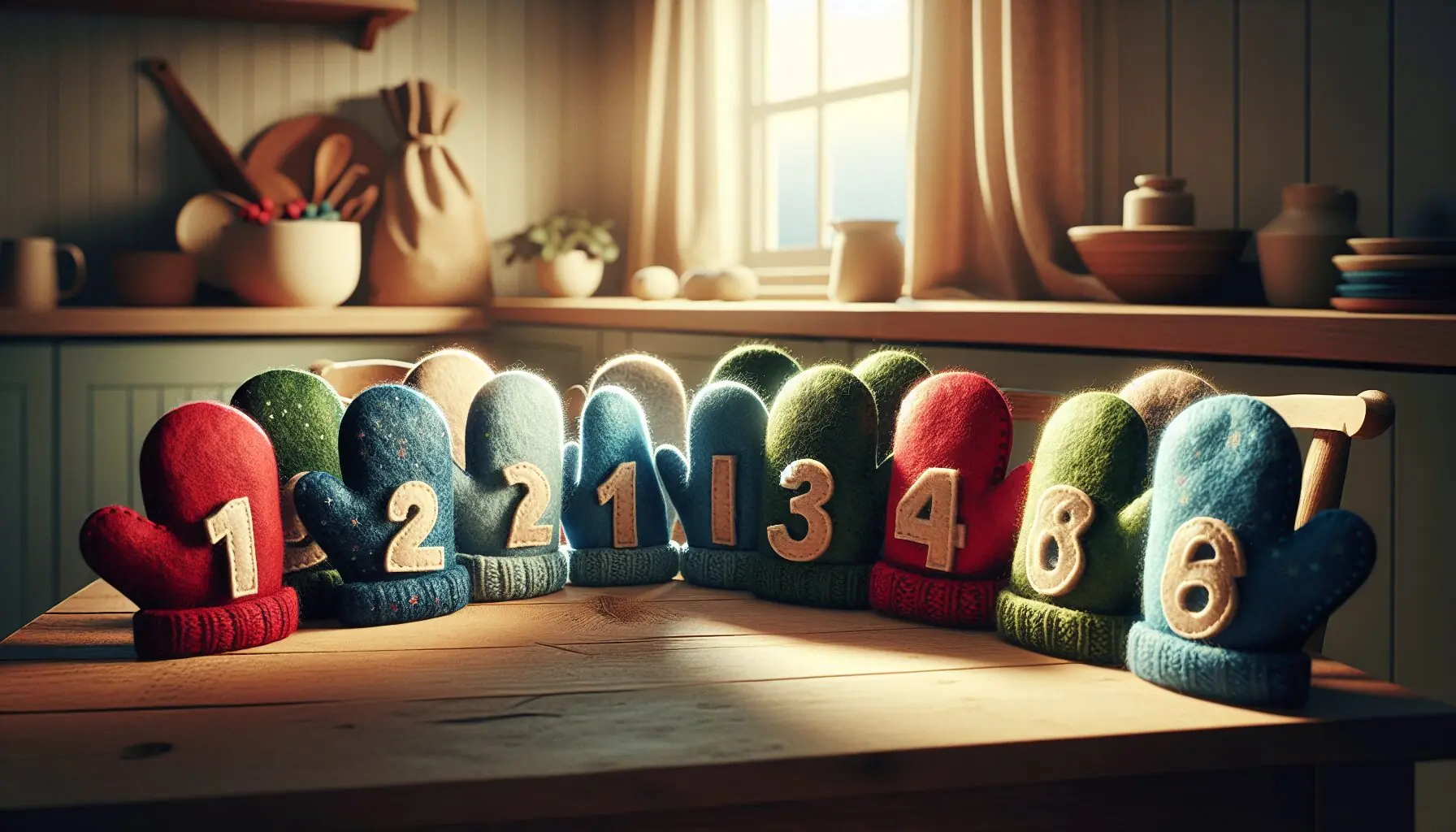 Create an engaging illustration of colorful mitten cut-outs arranged in a line, suggesting a counting game setup on a wooden table.