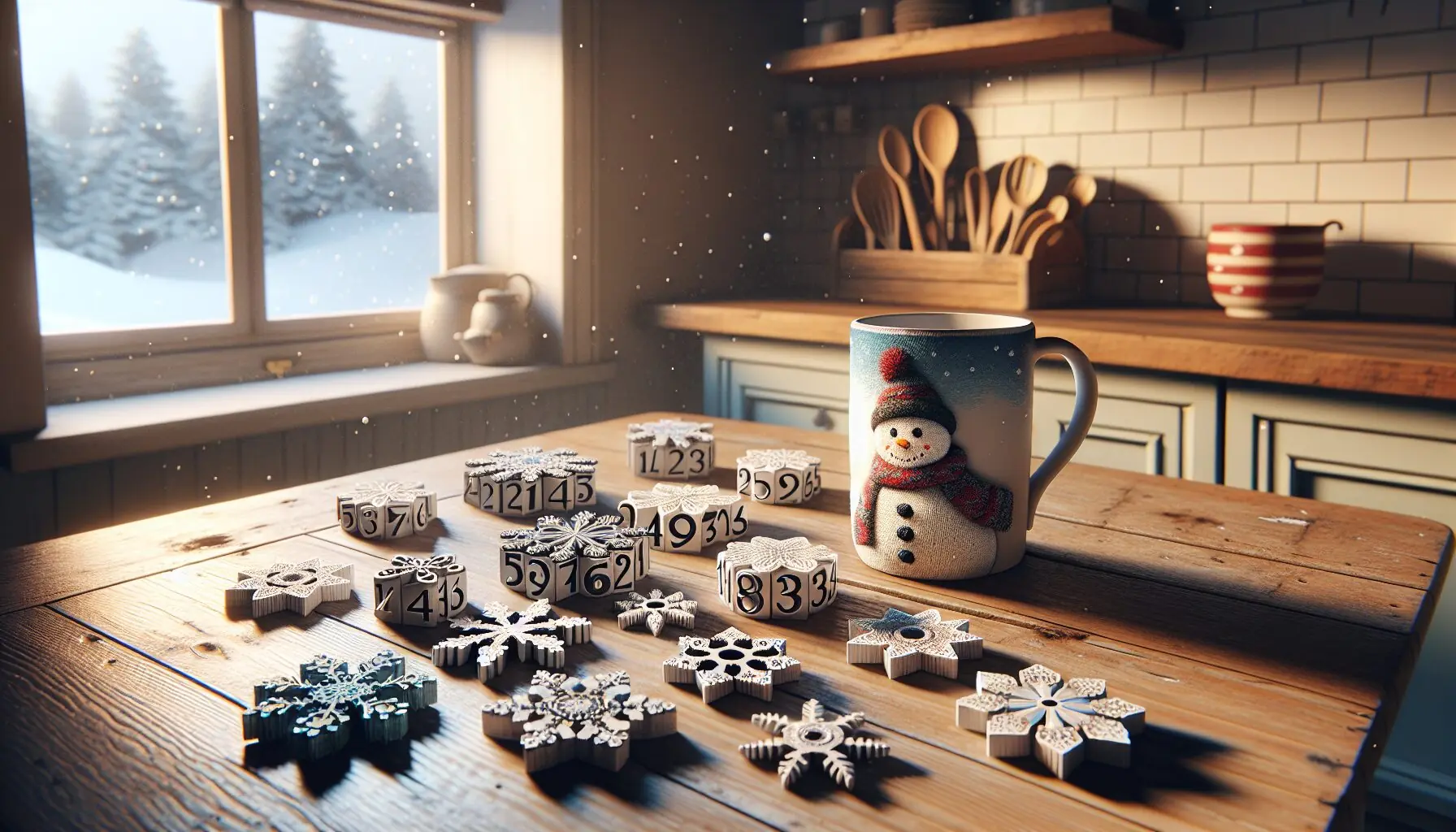 Design an image highlighting a joyful winter scene with numbers integrated into charming wintry elements like snowflakes and mugs, symbolizing fun learning.