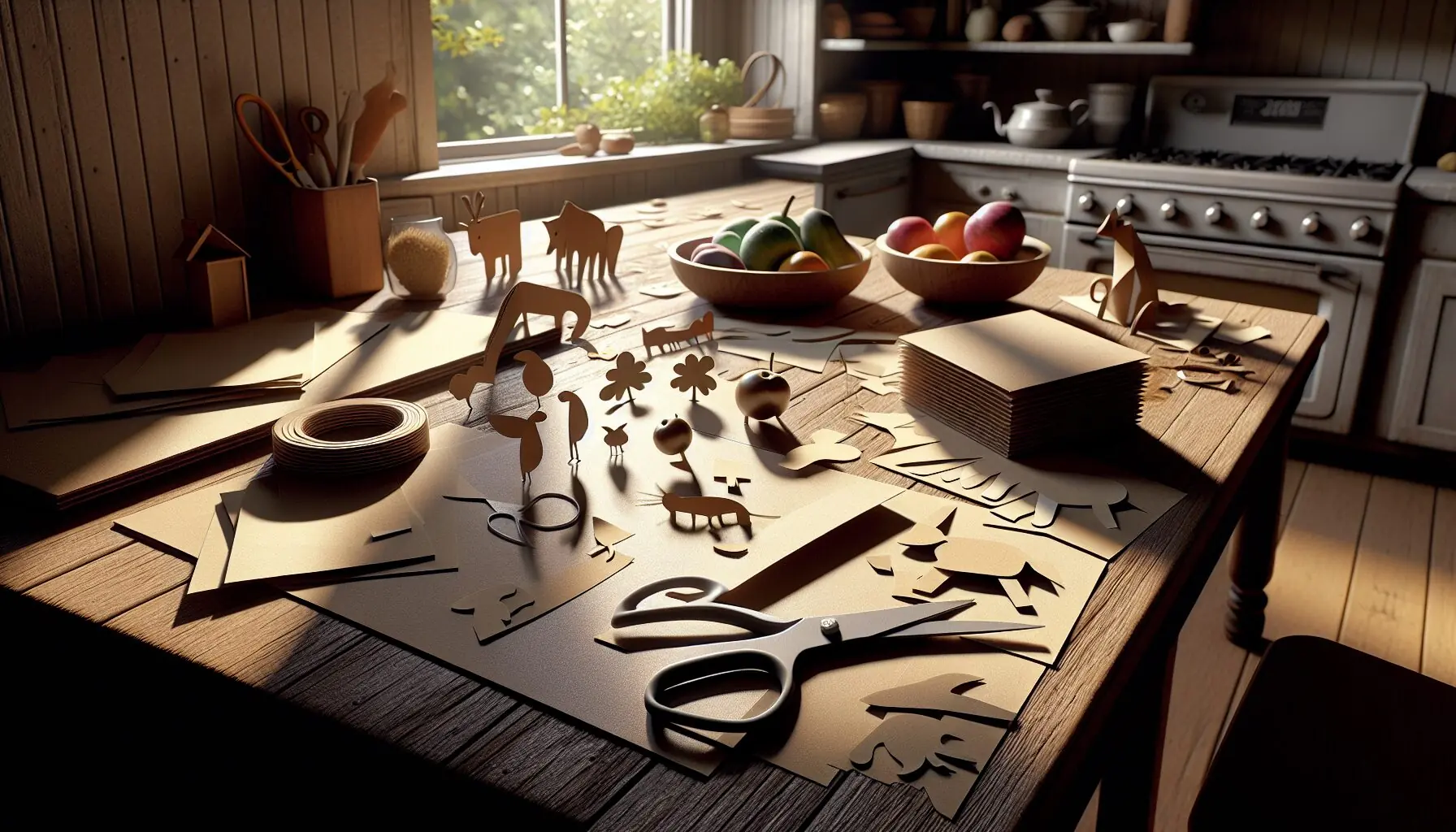 Generate an image showing a collection of scissors, cardboard, and different cut-out shapes, hinting at imaginative storytelling.