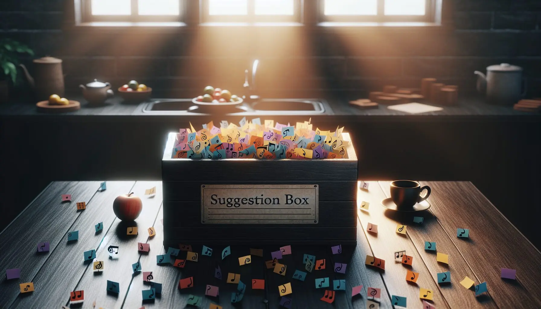 Generate an image of a suggestion box filled with colorful notes and musical symbols surrounding it.