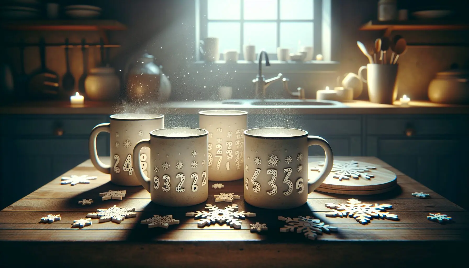 Design an image highlighting a joyful winter scene with numbers integrated into charming wintry elements like snowflakes and mugs, symbolizing fun learning.
