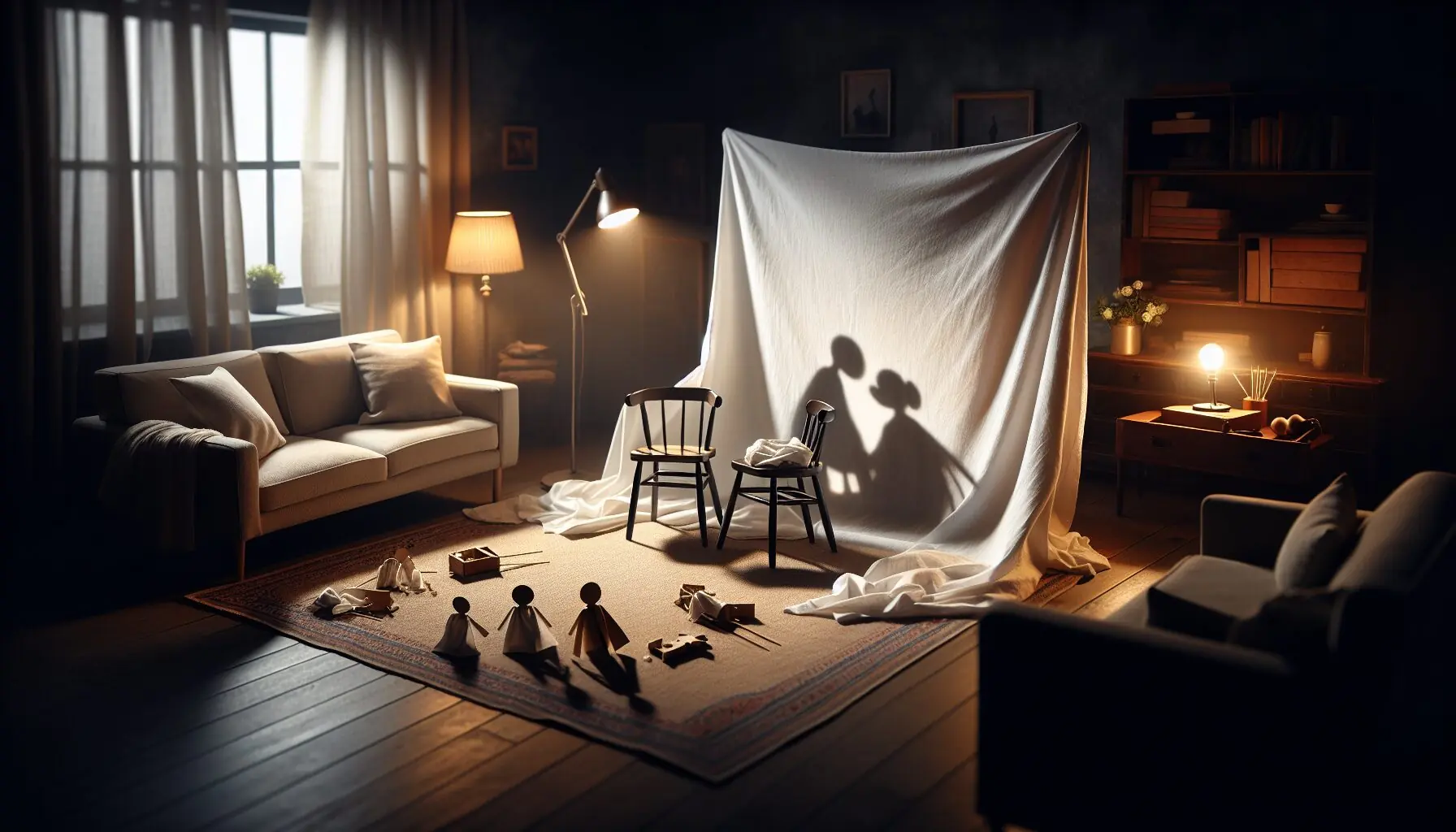 Generate an image of a white sheet hanging in a dimly lit room, set up for silhouette play.
