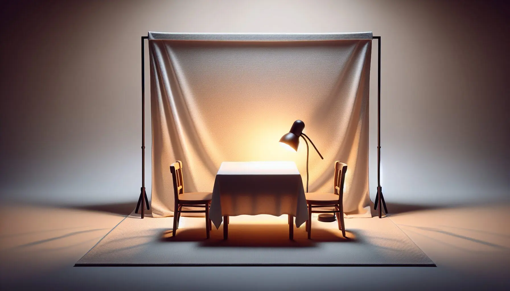Generate an image of a table draped with a bed sheet and a softly illuminated lamp behind it.