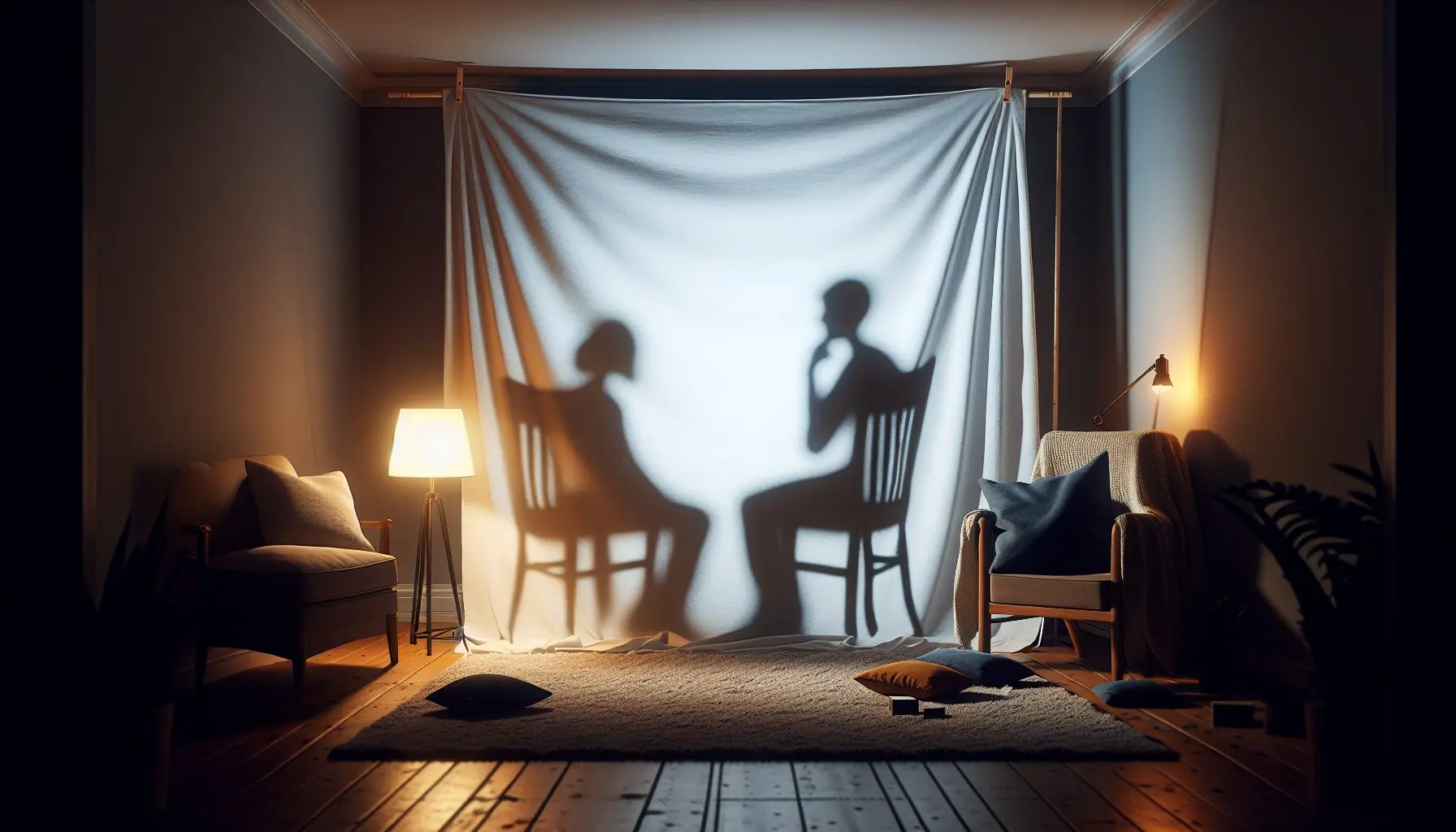 Generate an image of a white sheet hanging in a dimly lit room, set up for silhouette play.