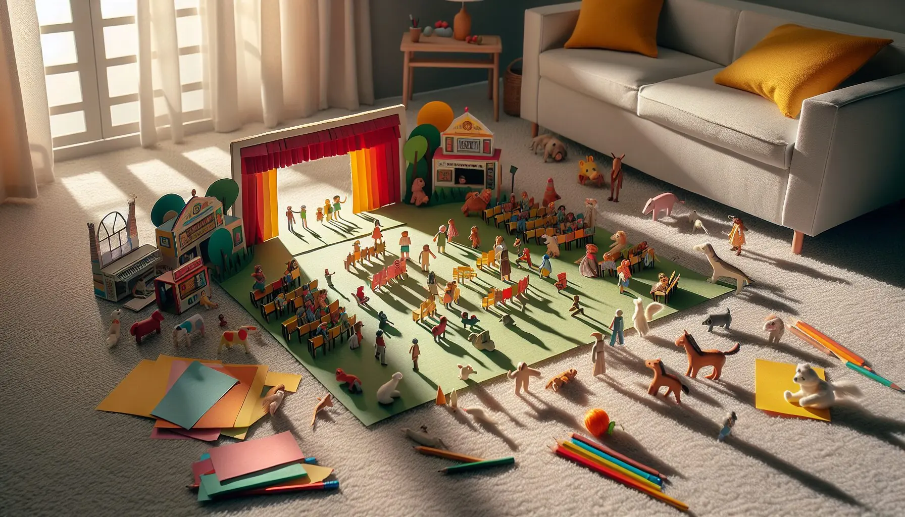 Generate an image of toy puppets arranged in a playful scene on a small stage made from colorful paper.