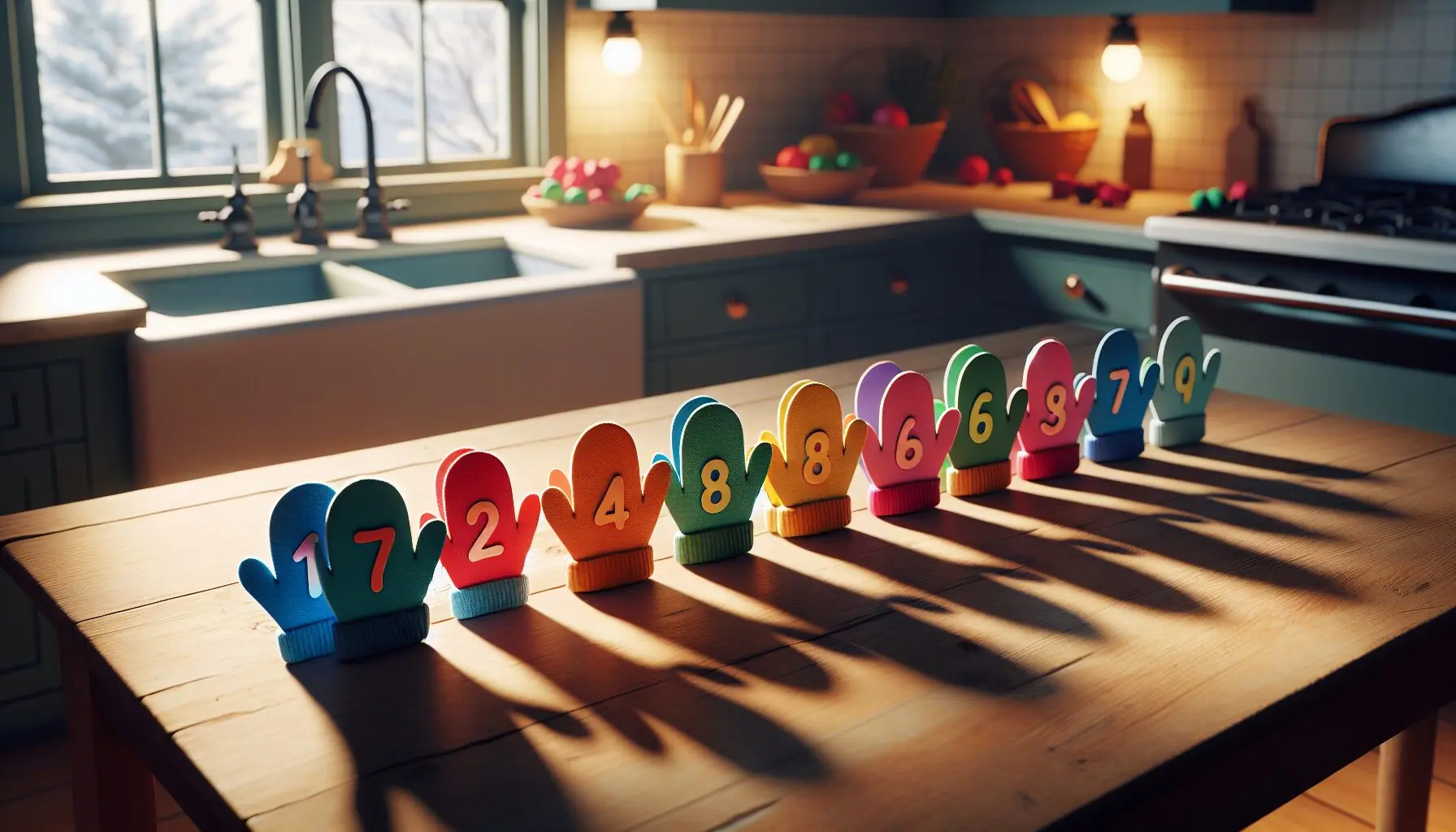 Create an engaging illustration of colorful mitten cut-outs arranged in a line, suggesting a counting game setup on a wooden table.
