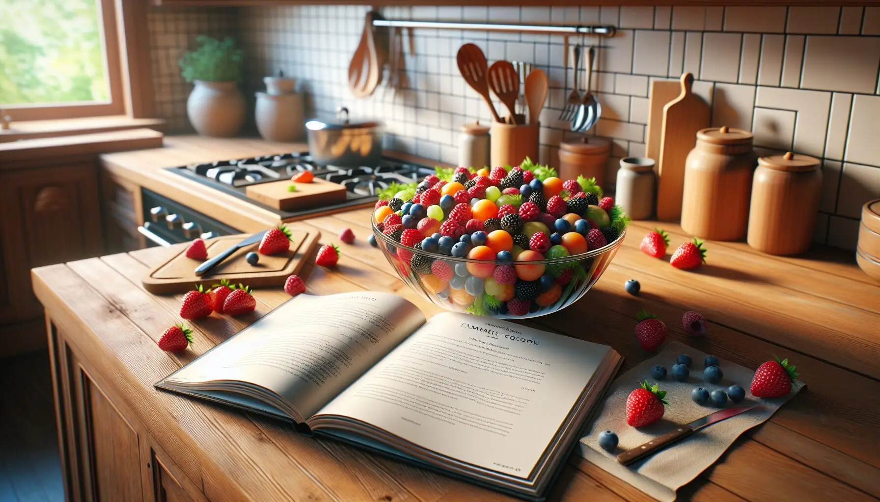 Generate an image of a kitchen scene with a freshly made fruit salad on the counter, accompanied by a family cookbook open to a salad recipe.