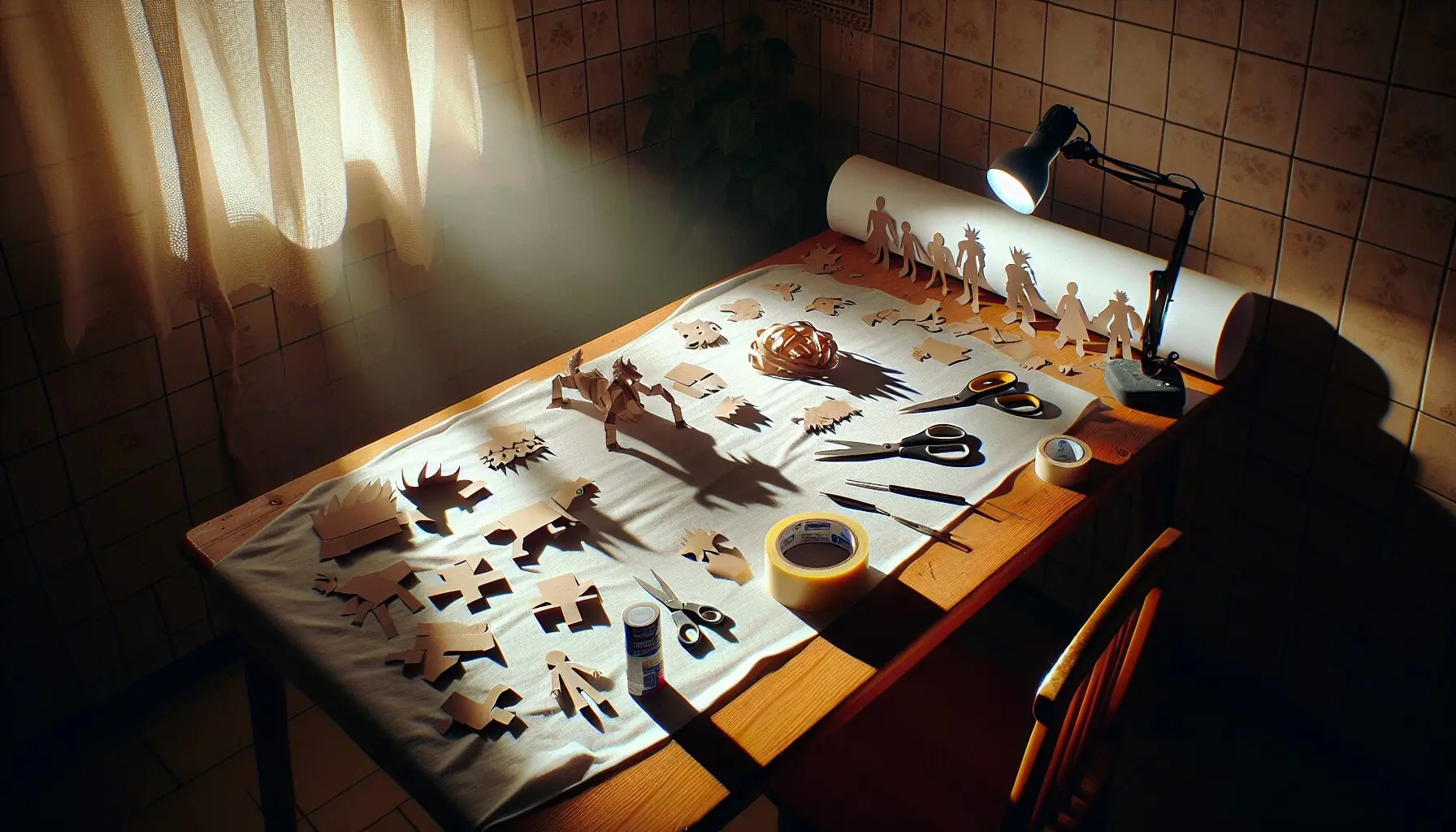 Generate an image of a table draped with a bed sheet and a softly illuminated lamp behind it.