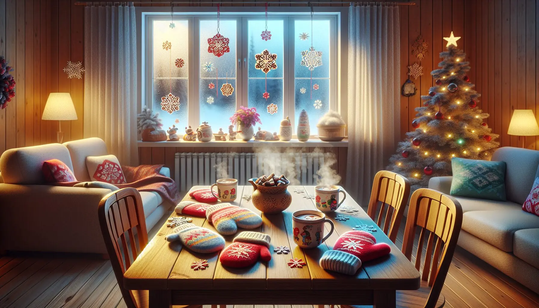 Generate an image of a cozy room with frosted windows, showcasing playful, cartoon-style mittens and snowflakes as decorative elements.