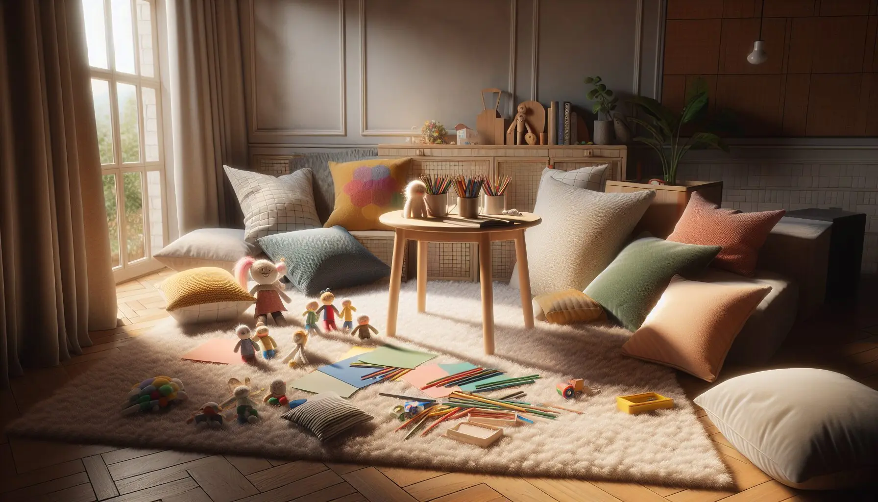 Generate an image of a cozy corner with soft pillows, a small table with colorful papers, pencils, and toy puppets.