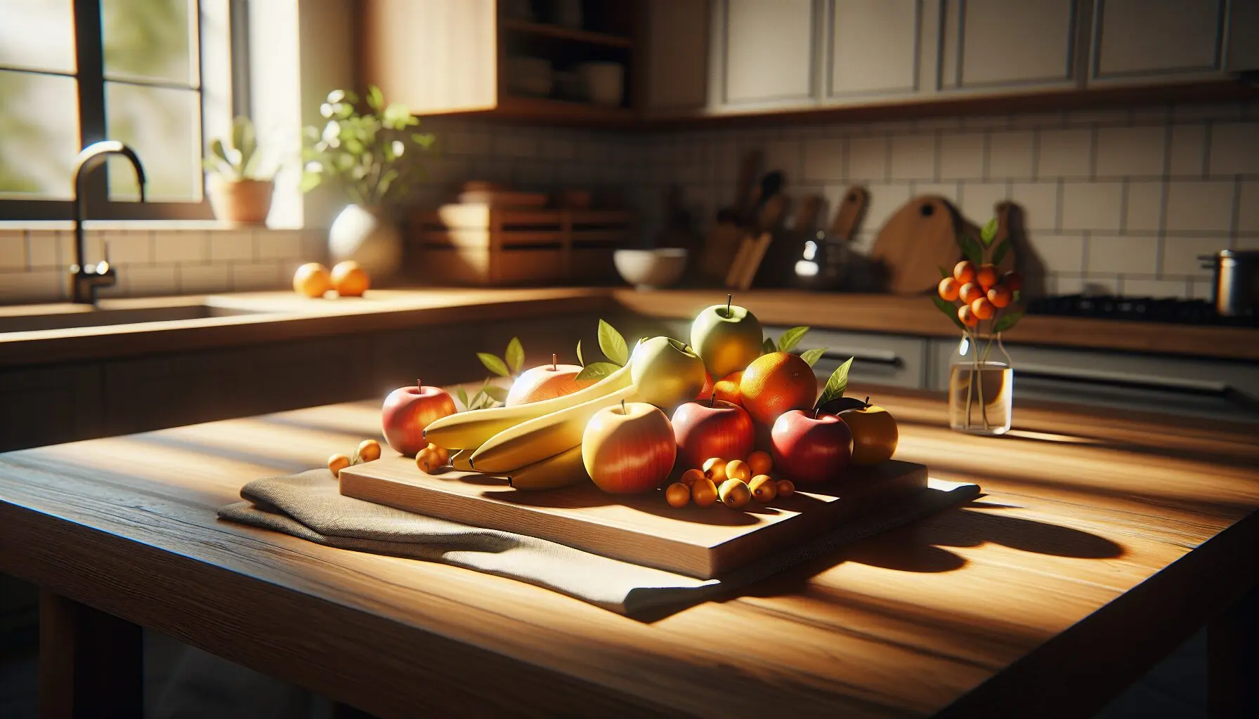 Generate an image of various fruits such as apples, oranges, and bananas arranged on a wooden cutting board.
