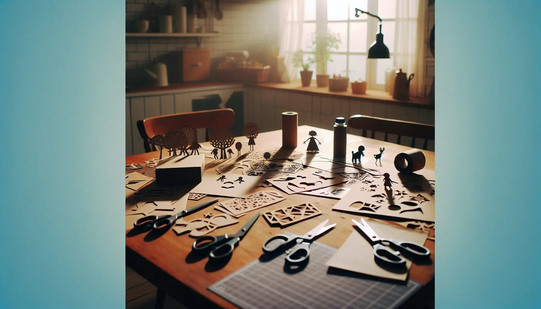 Generate an image showing a collection of scissors, cardboard, and different cut-out shapes, hinting at imaginative storytelling.