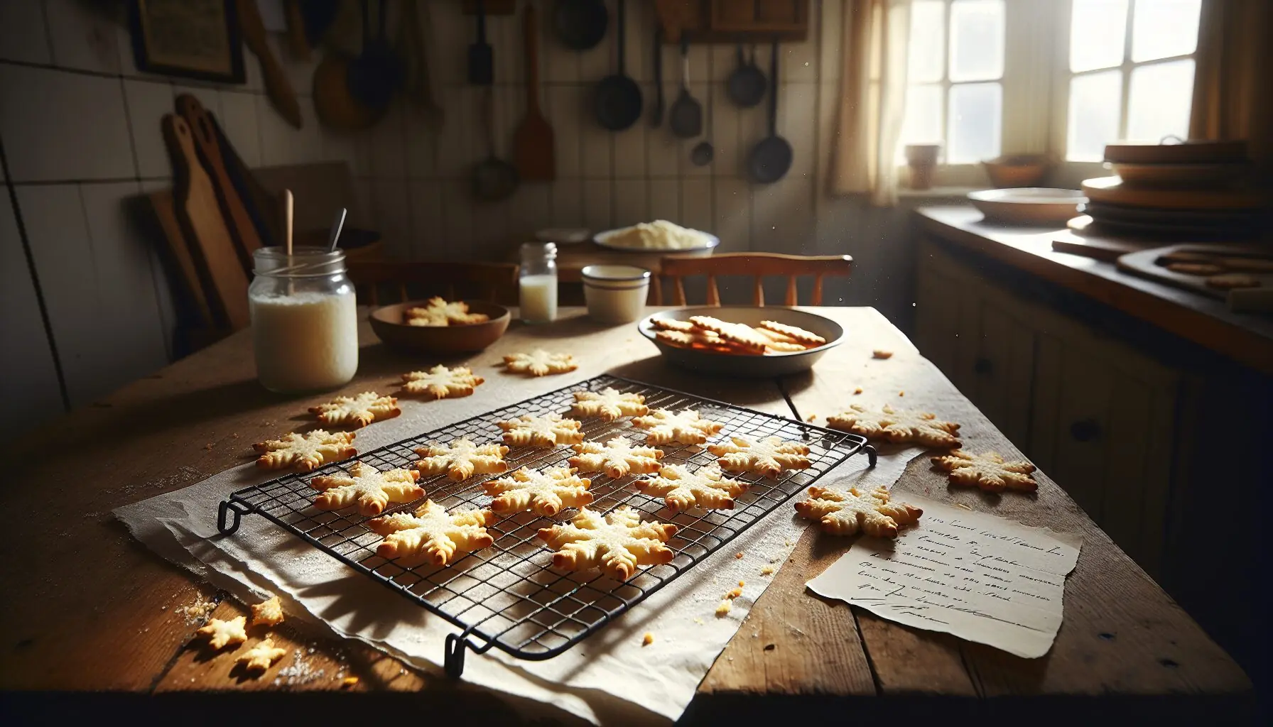 Depict a playful scene with freshly baked snowflake cheese crackers on a cooling rack, surrounded by playful kitchen elements like recipe cards and crumbs.