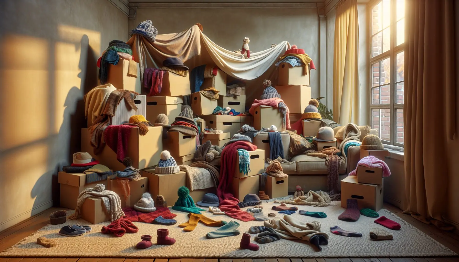 Create an image of a playful indoor setting with boxes, sheets, hats, and scarves for role-playing decor.