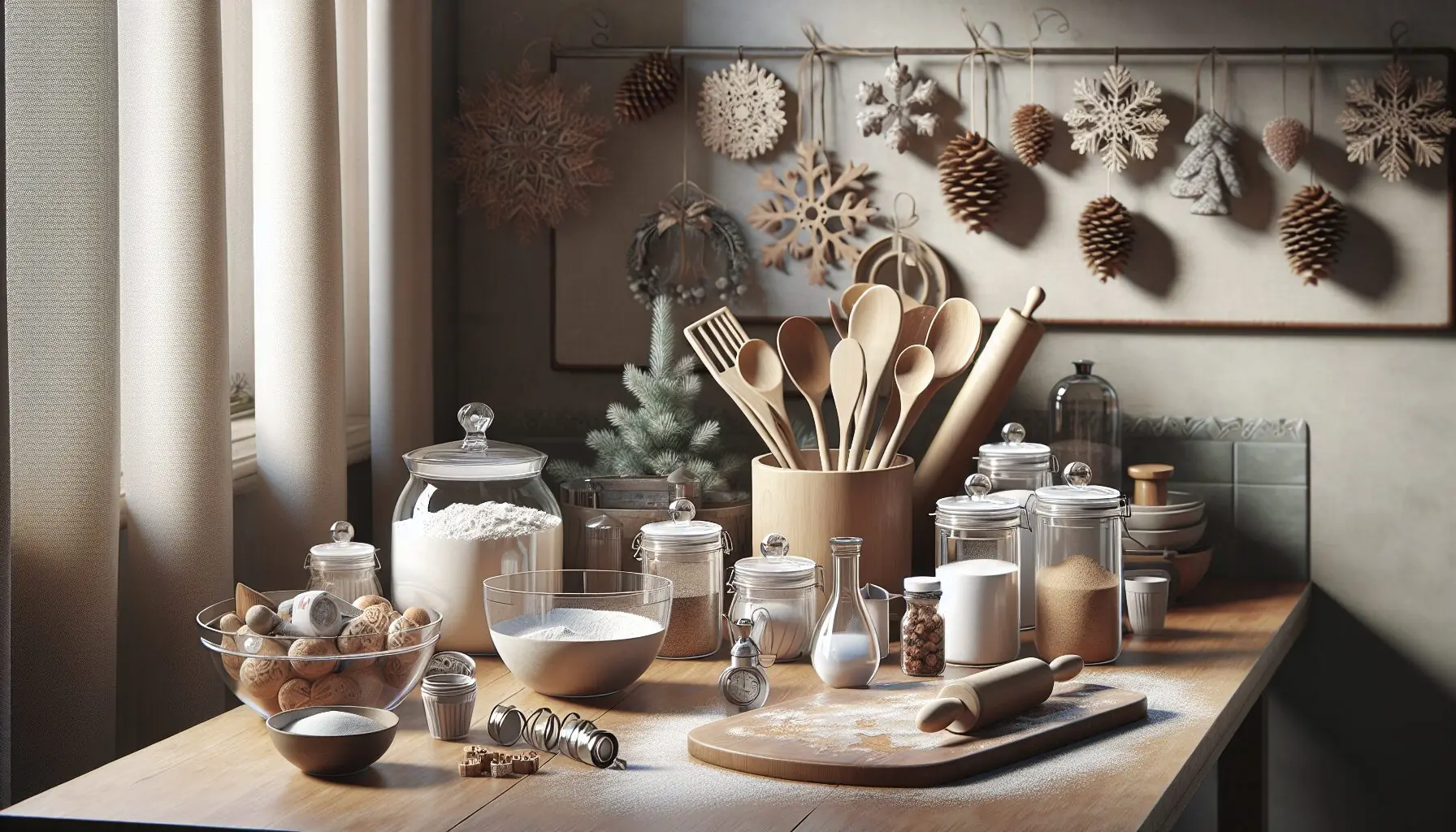Generate an image of a cozy kitchen with winter-themed decorations, including kitchen utensils and ingredients on a wooden table.
