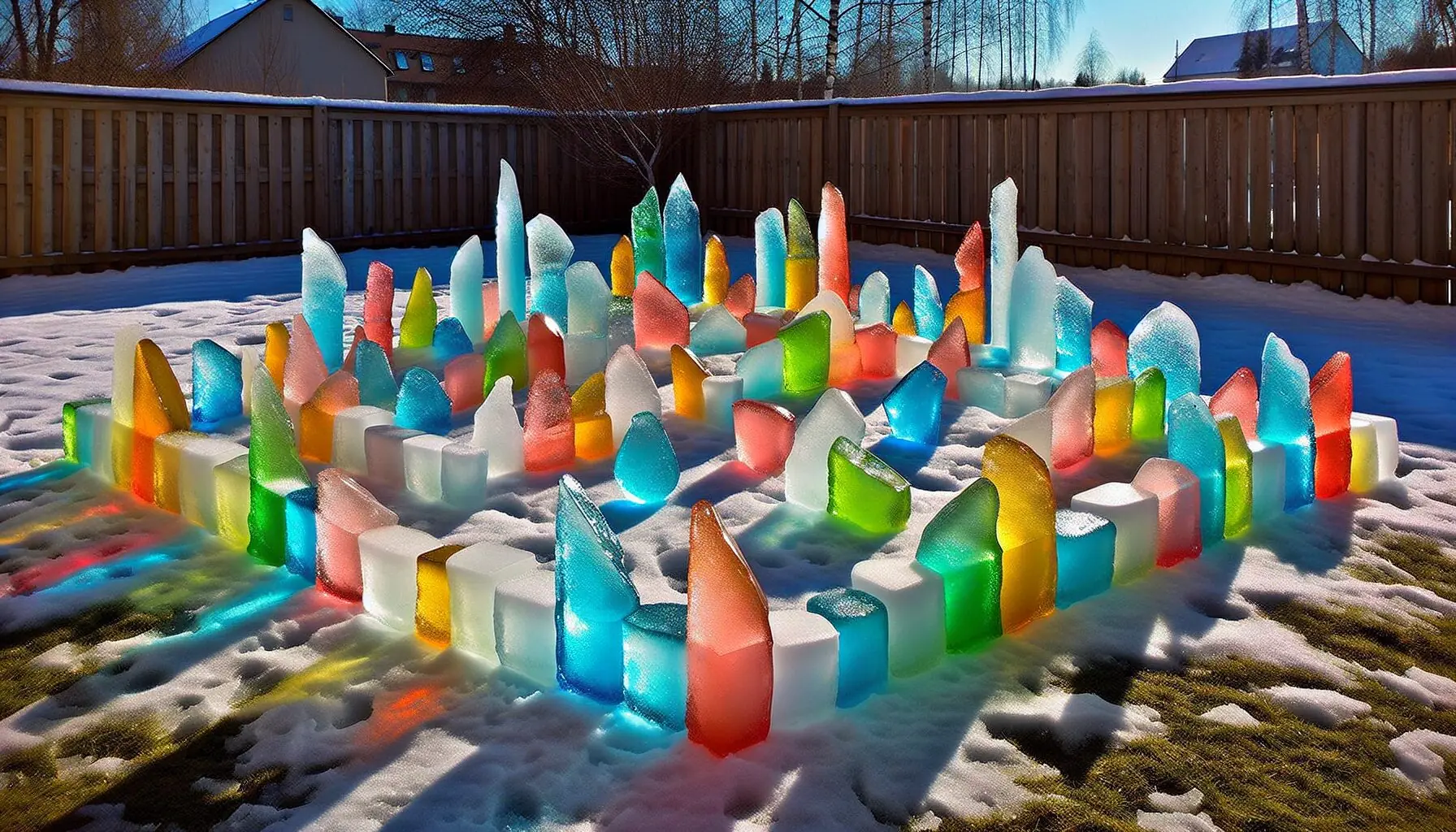 Generate an image of various colored ice pieces arranged creatively on snow.