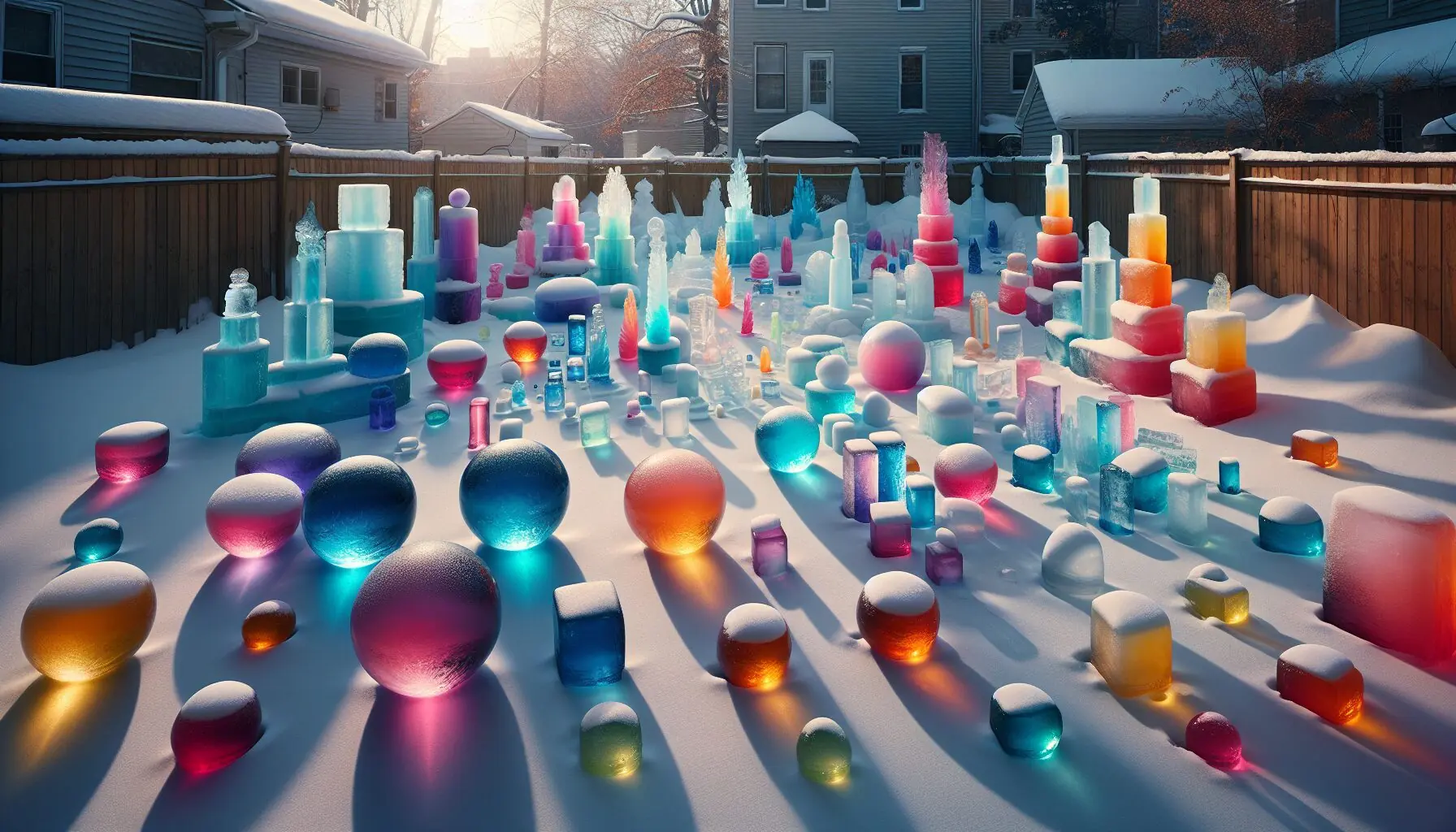 Generate an image of a snow-covered backyard with colorful ice sculptures.