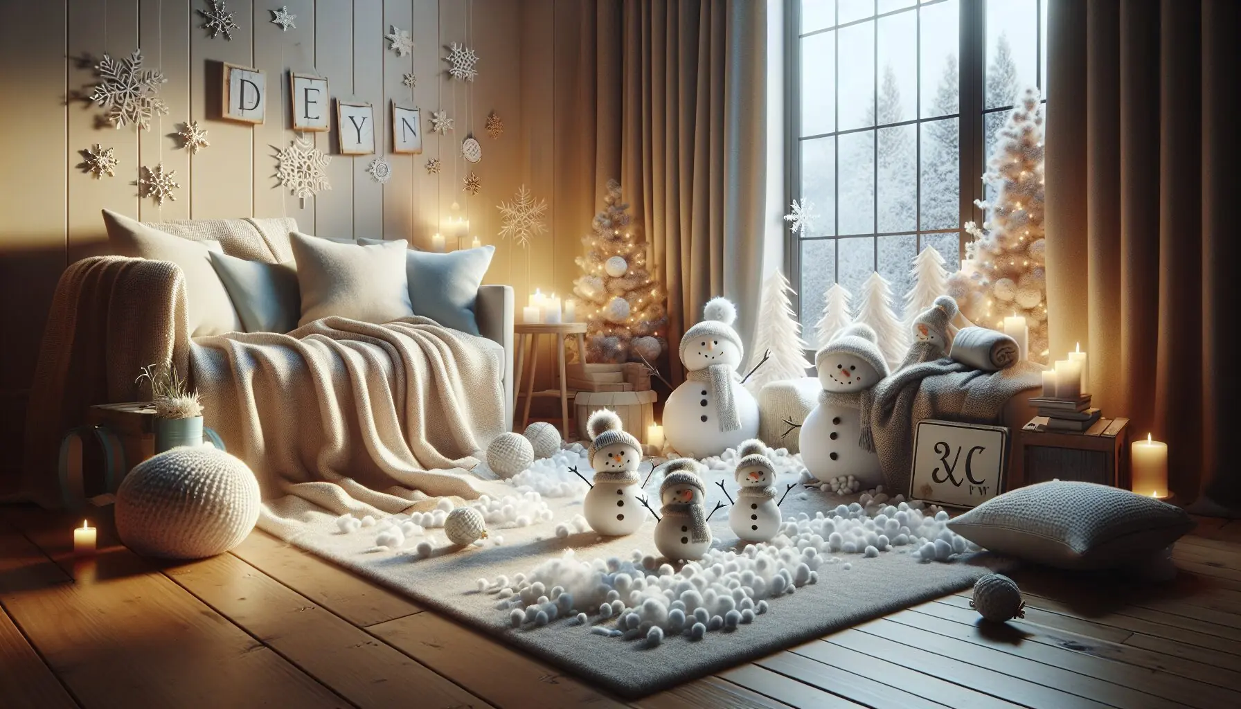 Prepare a visual of a serene winter scene focusing on soft blankets, miniature snowmen, and playful indoor 'snow'.