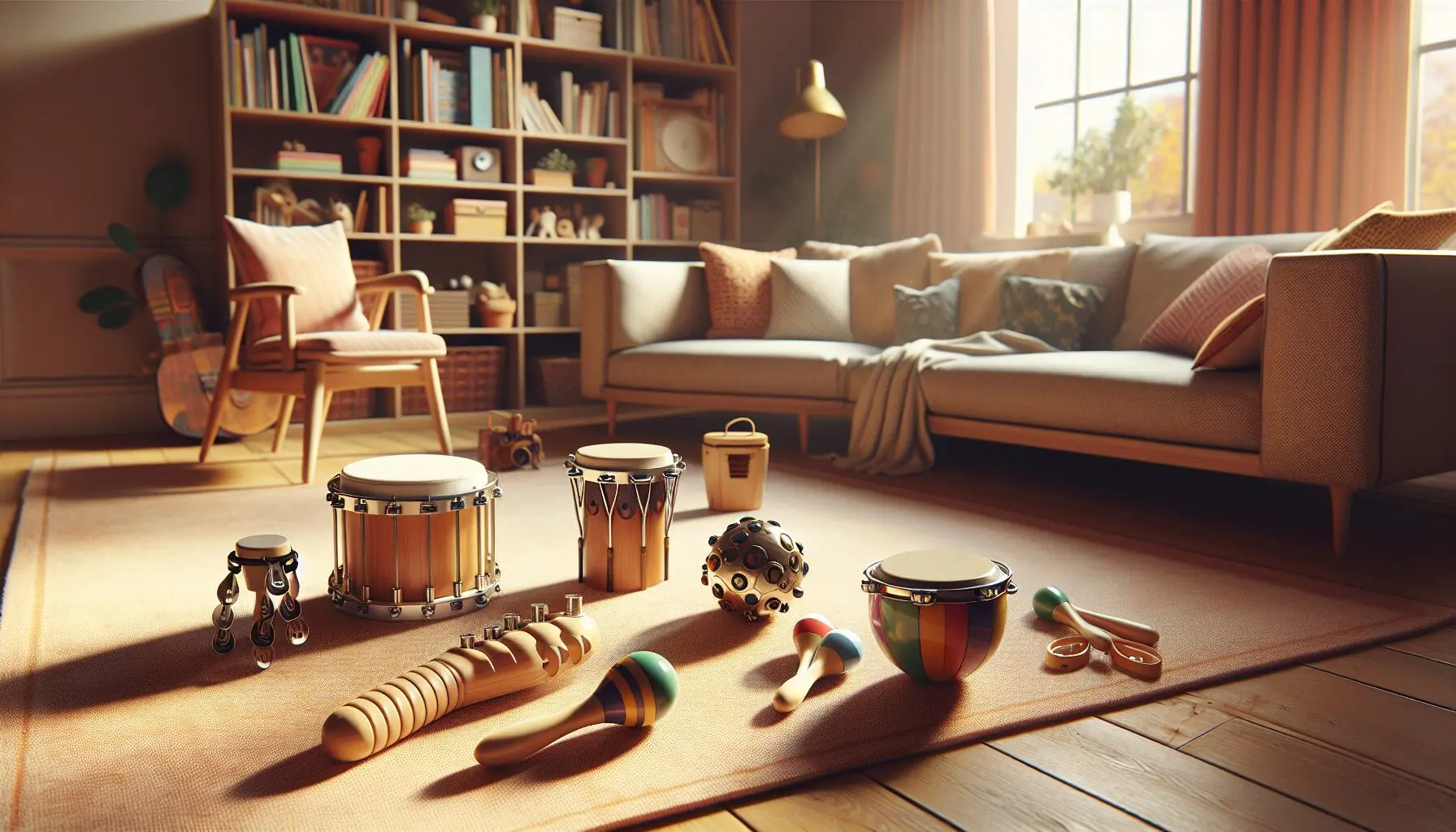 Generate an image of a lively, colorful music room with various small percussion instruments scattered around.