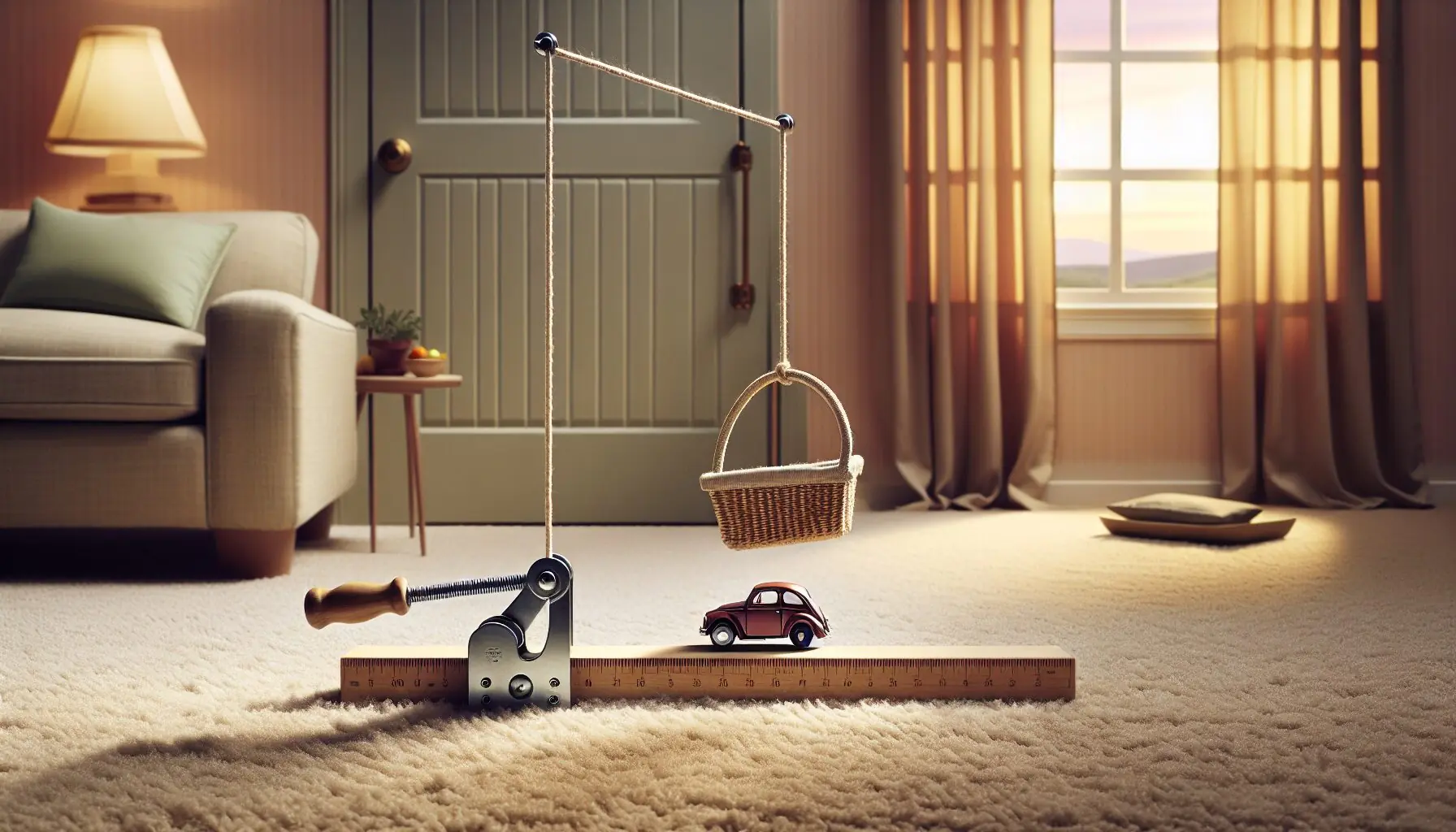 Generate an image of a string pulley system using a lightweight basket hung over a doorknob.