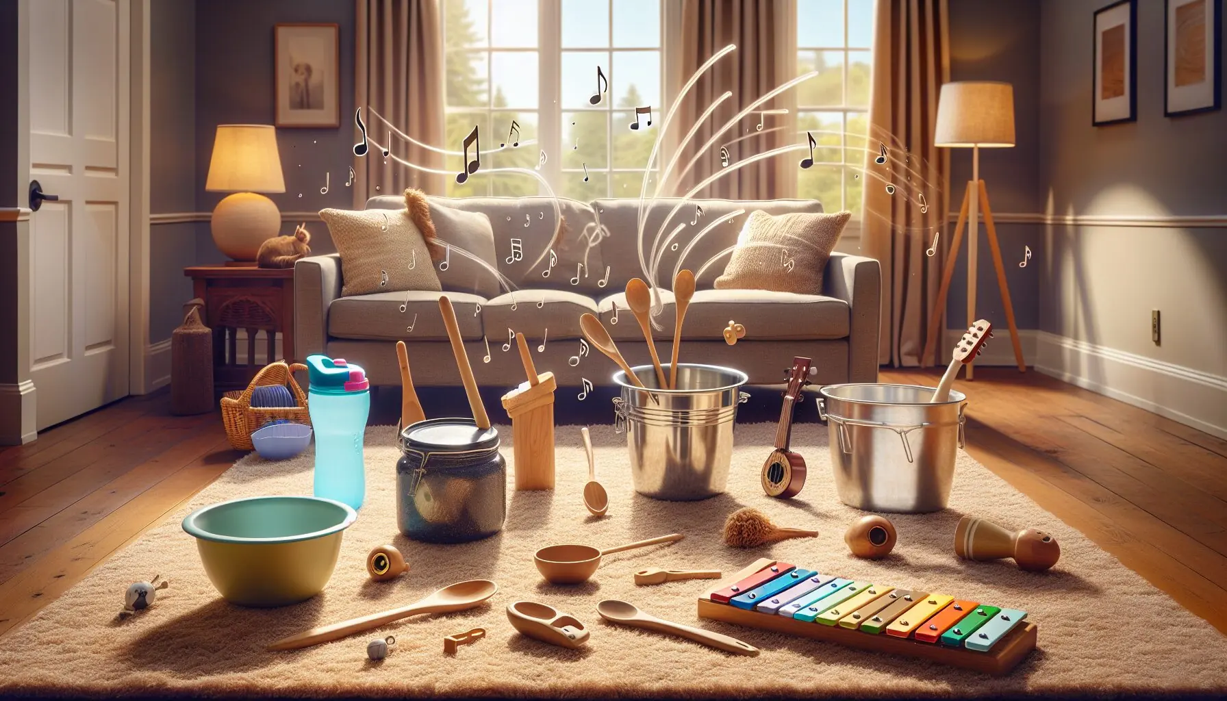 Generate an image of a family music session with abstract musical notes swirling around, with emphasis on instruments and dance movements.