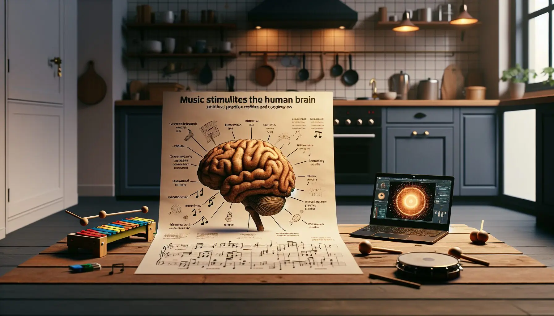 Generate an image of a diagram showing how music engages various parts of the brain, focusing on rhythm and coordination.