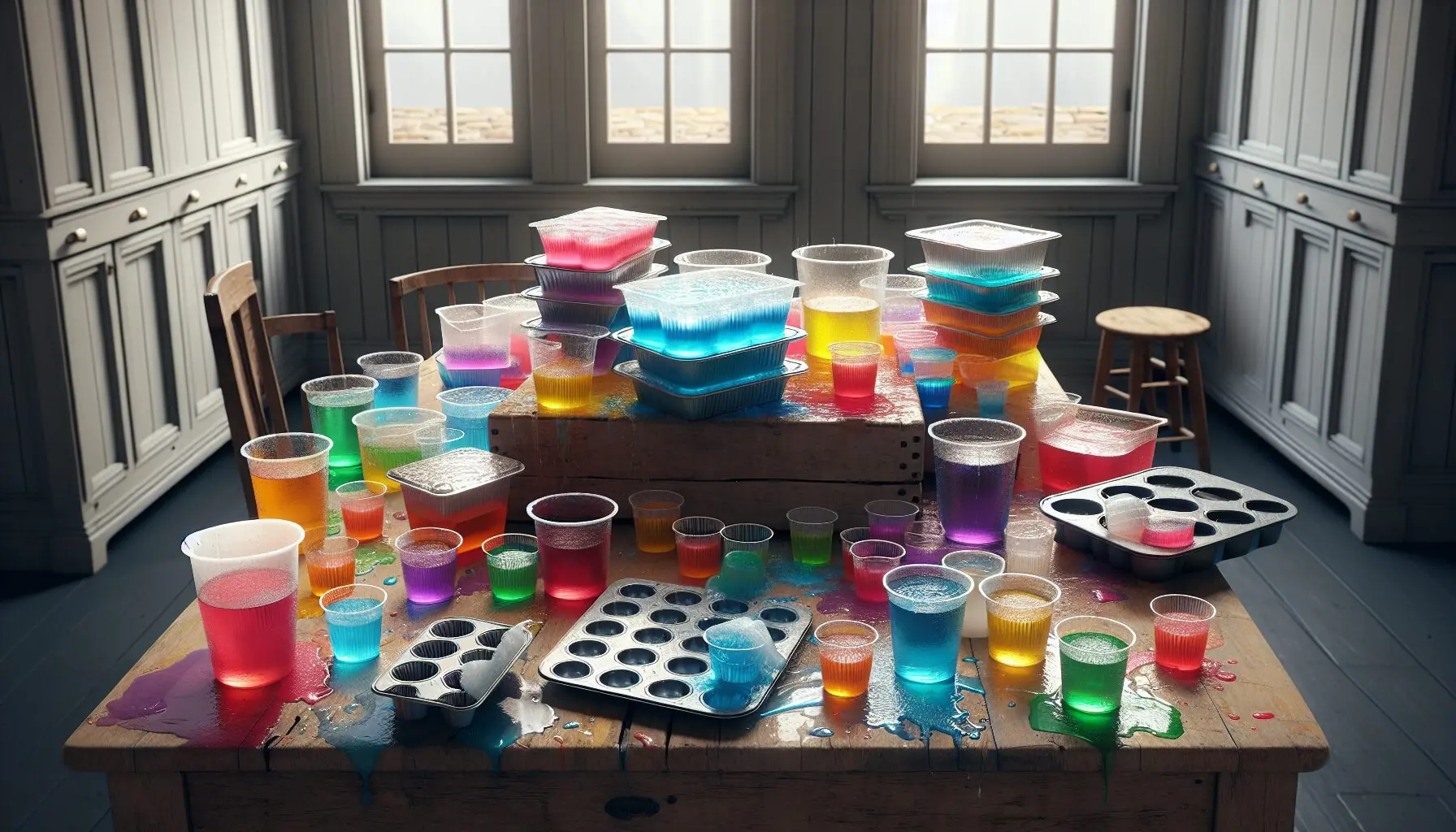 Generate an image of small containers filled with colored water and outdoor ice sculptures.