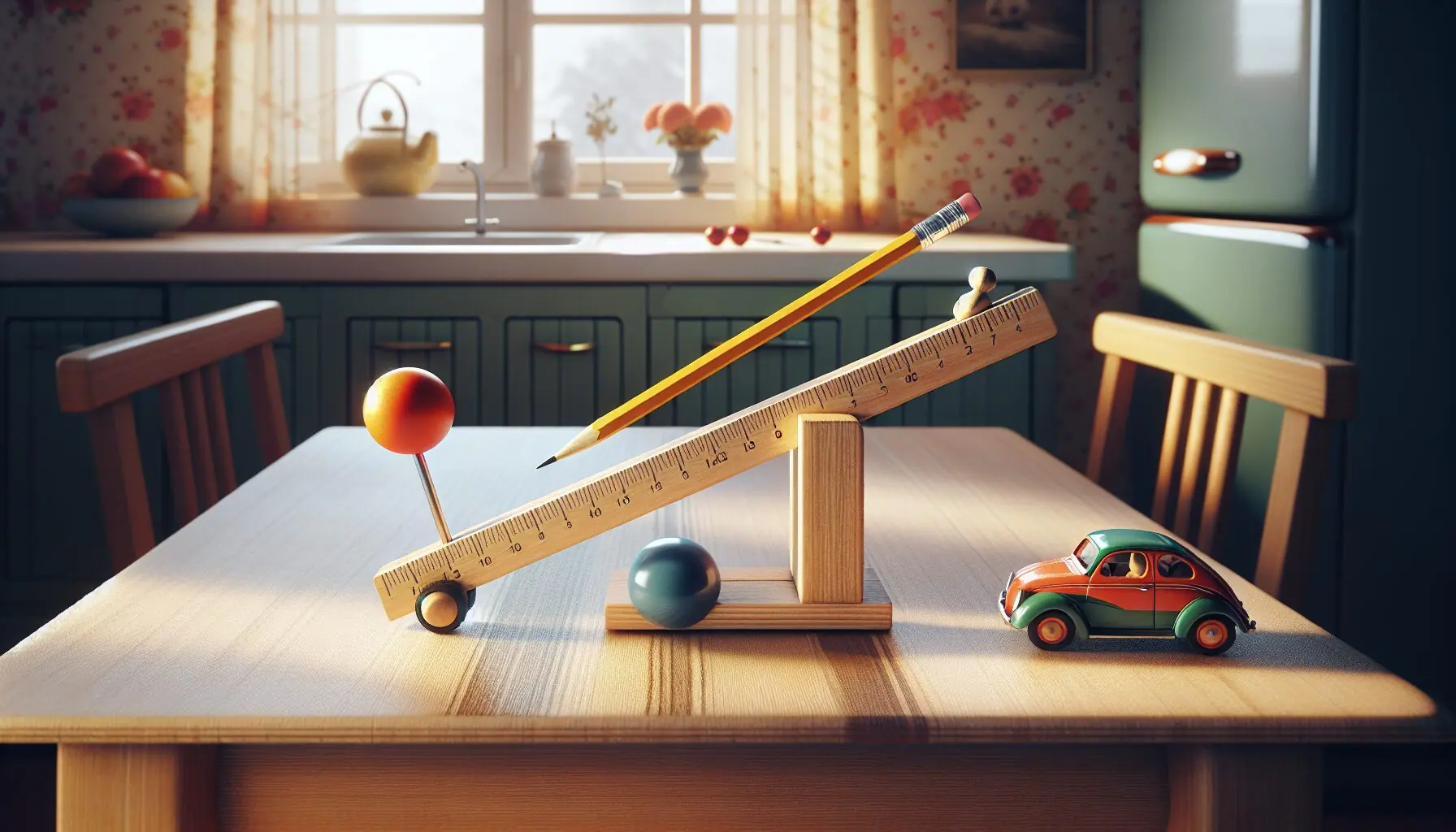 Generate an image of a ruler balanced on a toy car with small objects on either side.