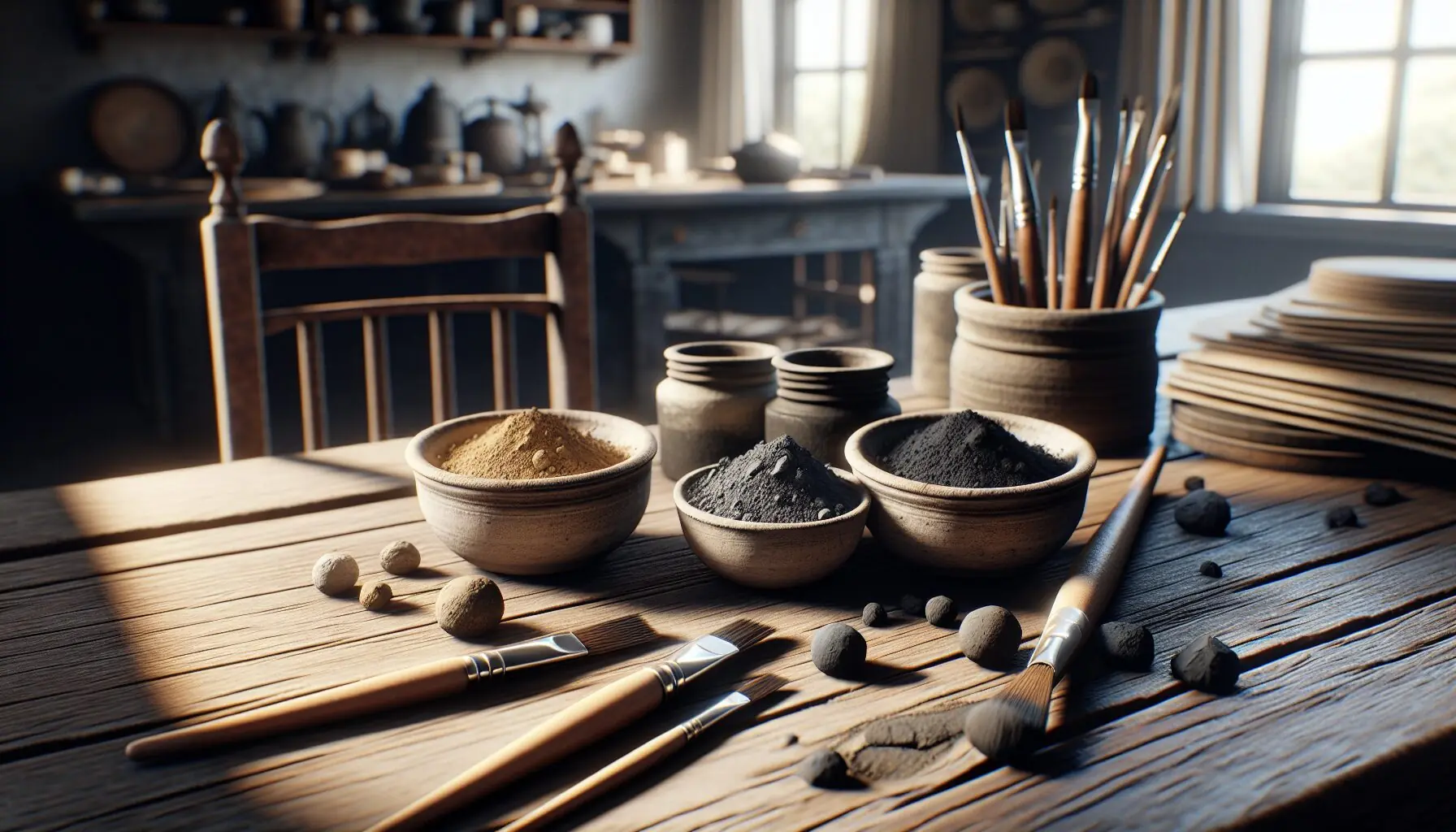 Generate an image of natural pigments in small bowls with brushes nearby.