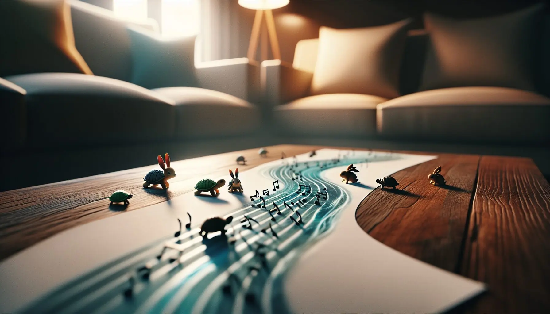 Generate an image showing musical notes flowing like a river with tiny turtles and hares hopping across.