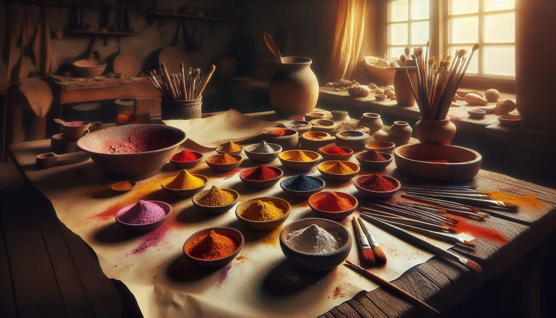 Generate an image of a child's hands mixing colorful pigments on a large paper.