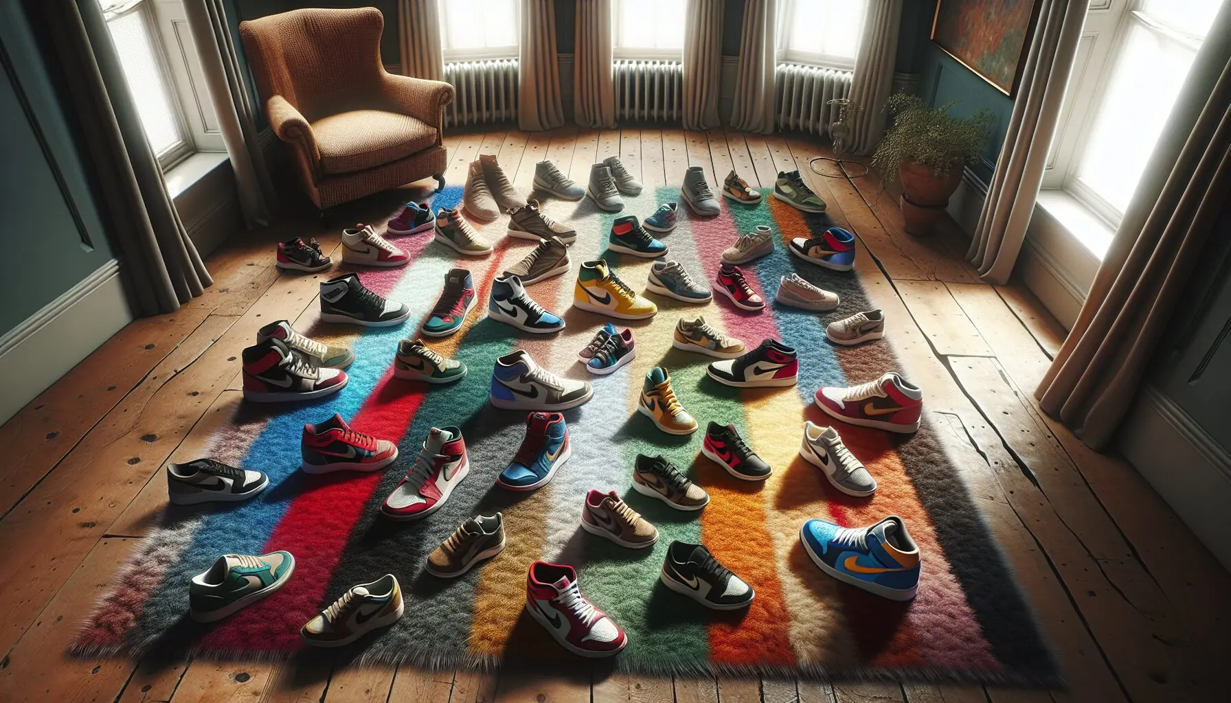 Generate an image capturing a diverse collection of sneakers arranged in a circle on a vibrant mat.