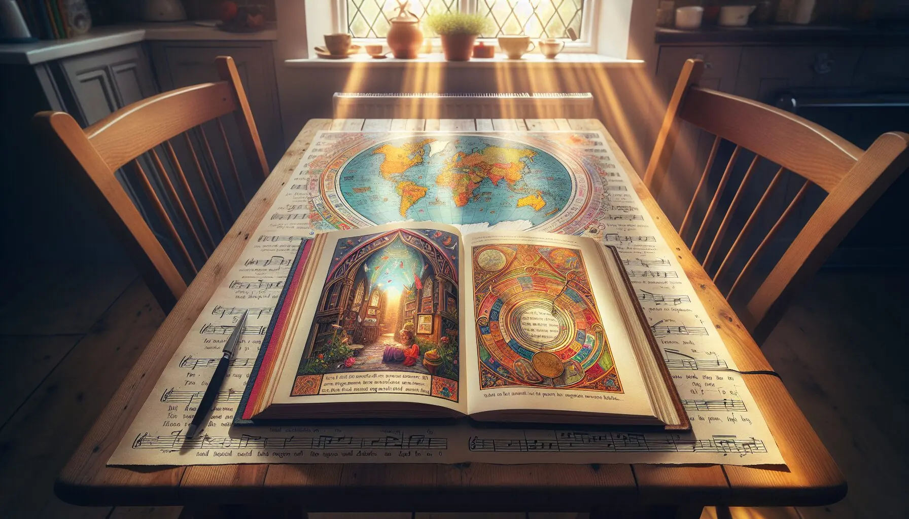 Generate an image of an open storybook set against a background of world map illustrations.